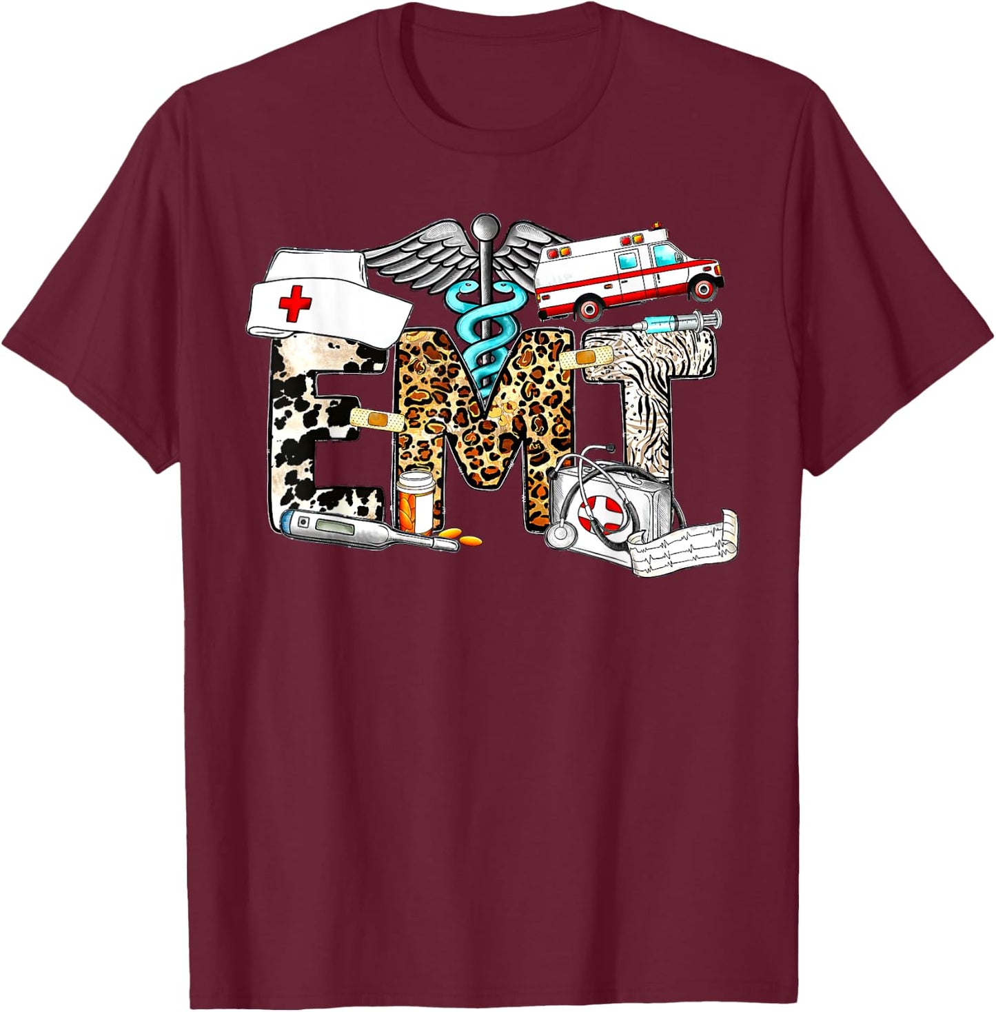 Retro Leopard EMT Emergency Medical Technician Paramedic T-Shirt - T-Shirt | Maroon