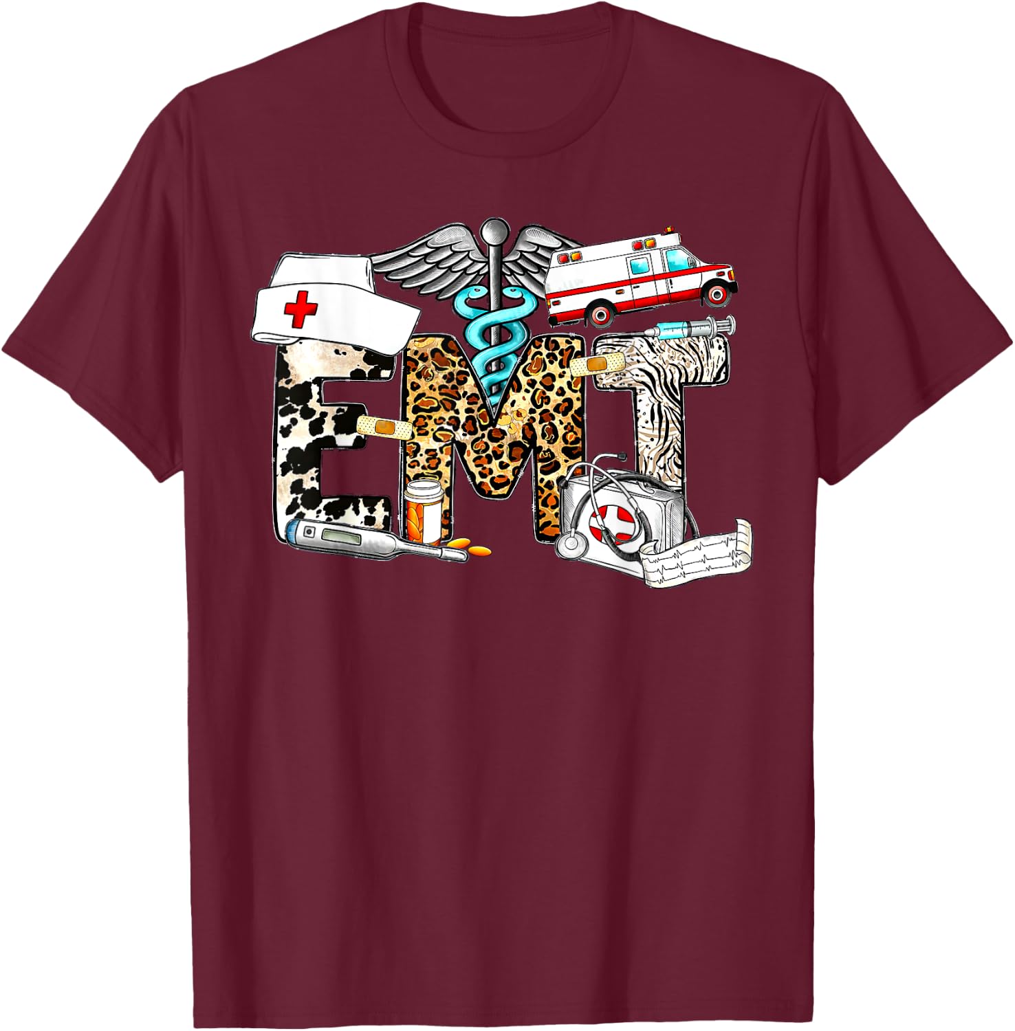 Retro Leopard EMT Emergency Medical Technician Paramedic T-Shirt - T-Shirt | Maroon