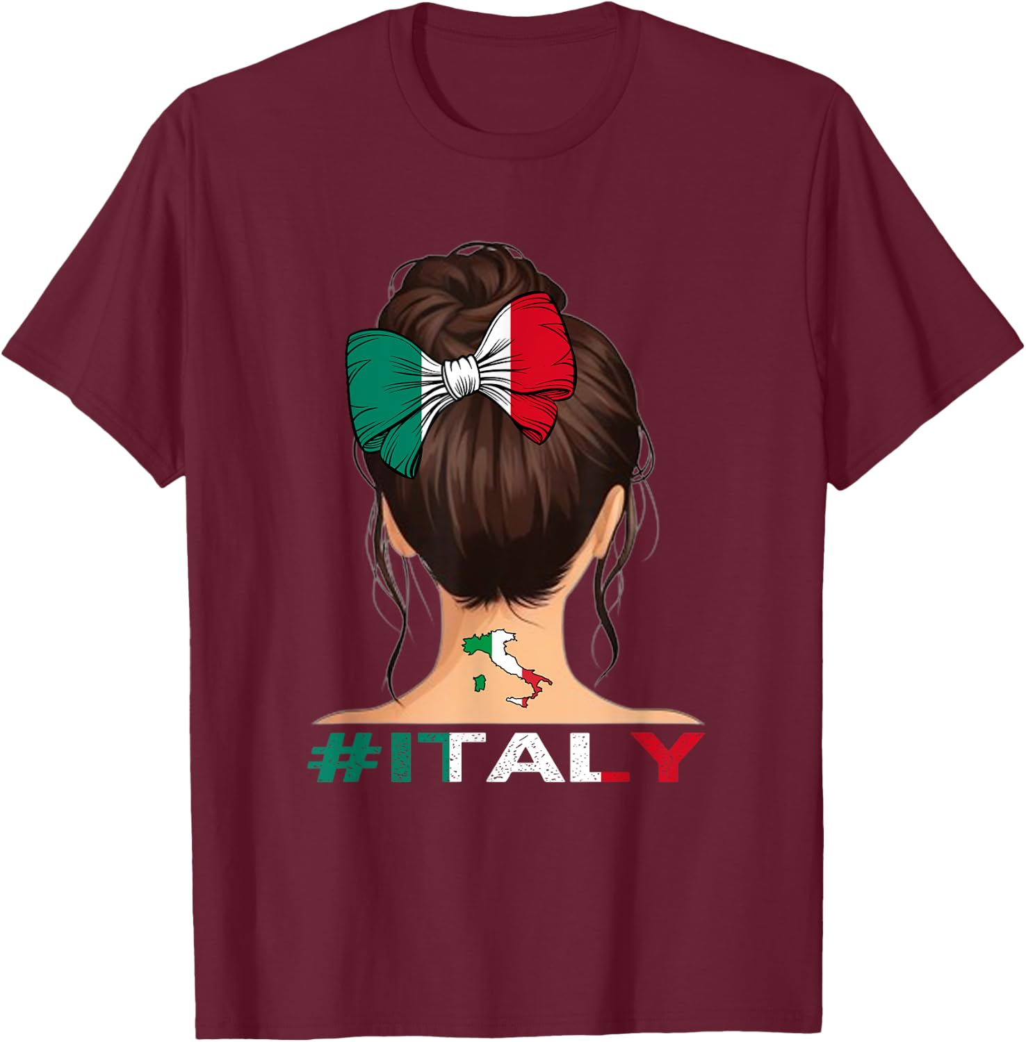 Italian Flag - Italy Girl Messy Bun , black T-Shirt - T-Shirt | Maroon