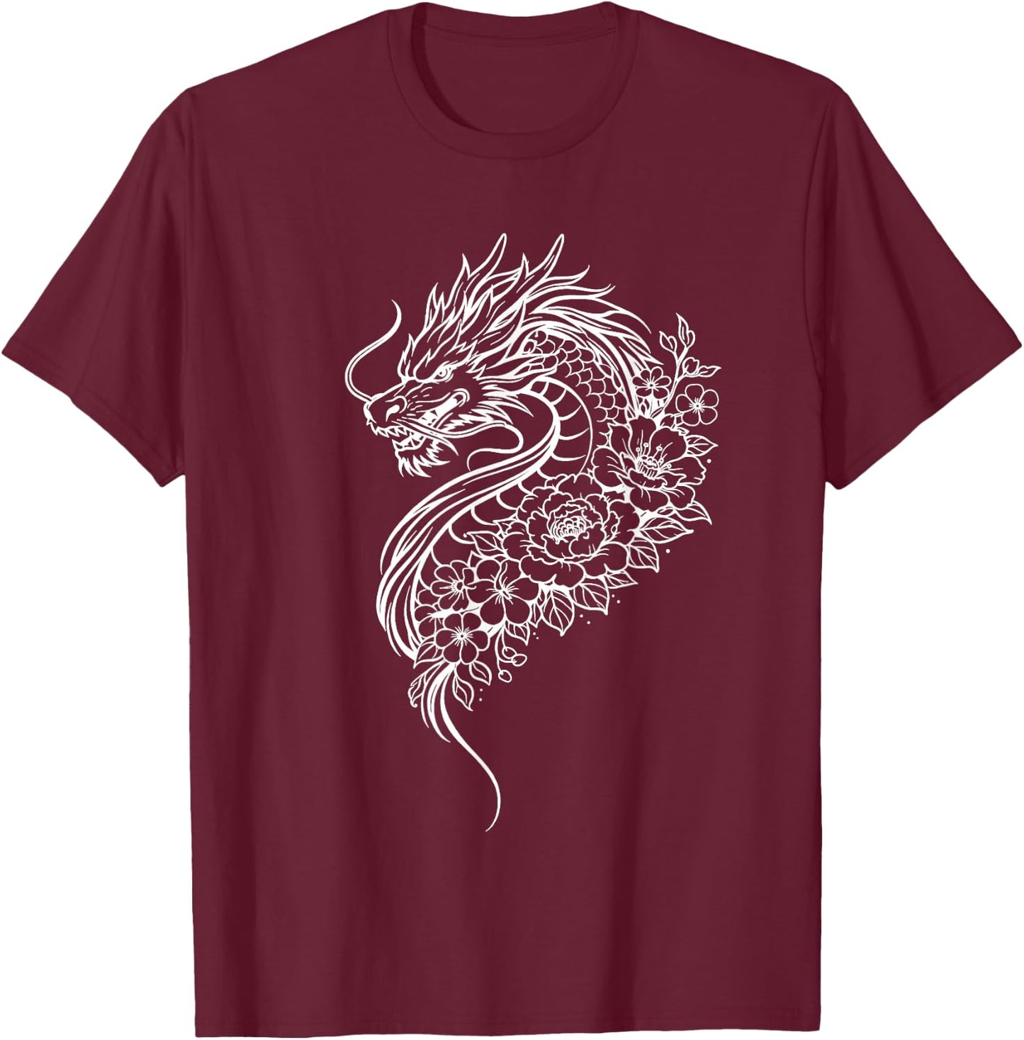 Dragon Flowers Line Art Minimalist White Splash T-Shirt - T-Shirt | Maroon