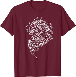 Dragon Flowers Line Art Minimalist White Splash T-Shirt - T-Shirt | Maroon