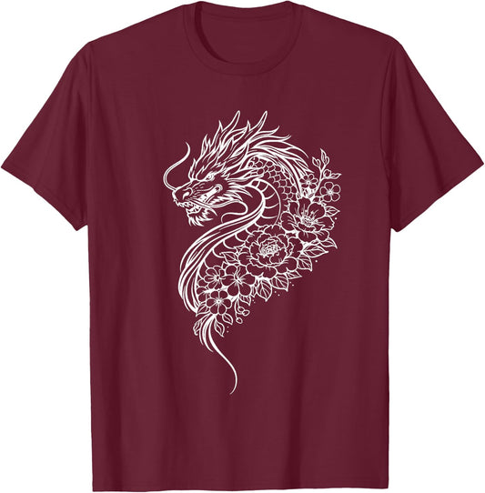 Dragon Flowers Line Art Minimalist White Splash T-Shirt - T-Shirt | Maroon