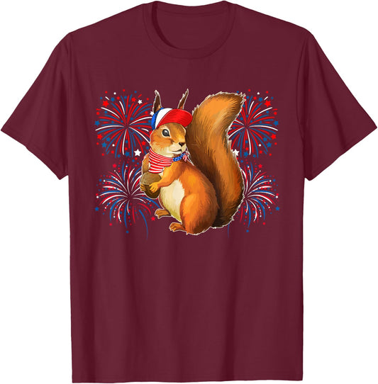 Squirrel 4th Of July American Flag Fireworks Costume Animal T-Shirt - T-Shirt | Maroon