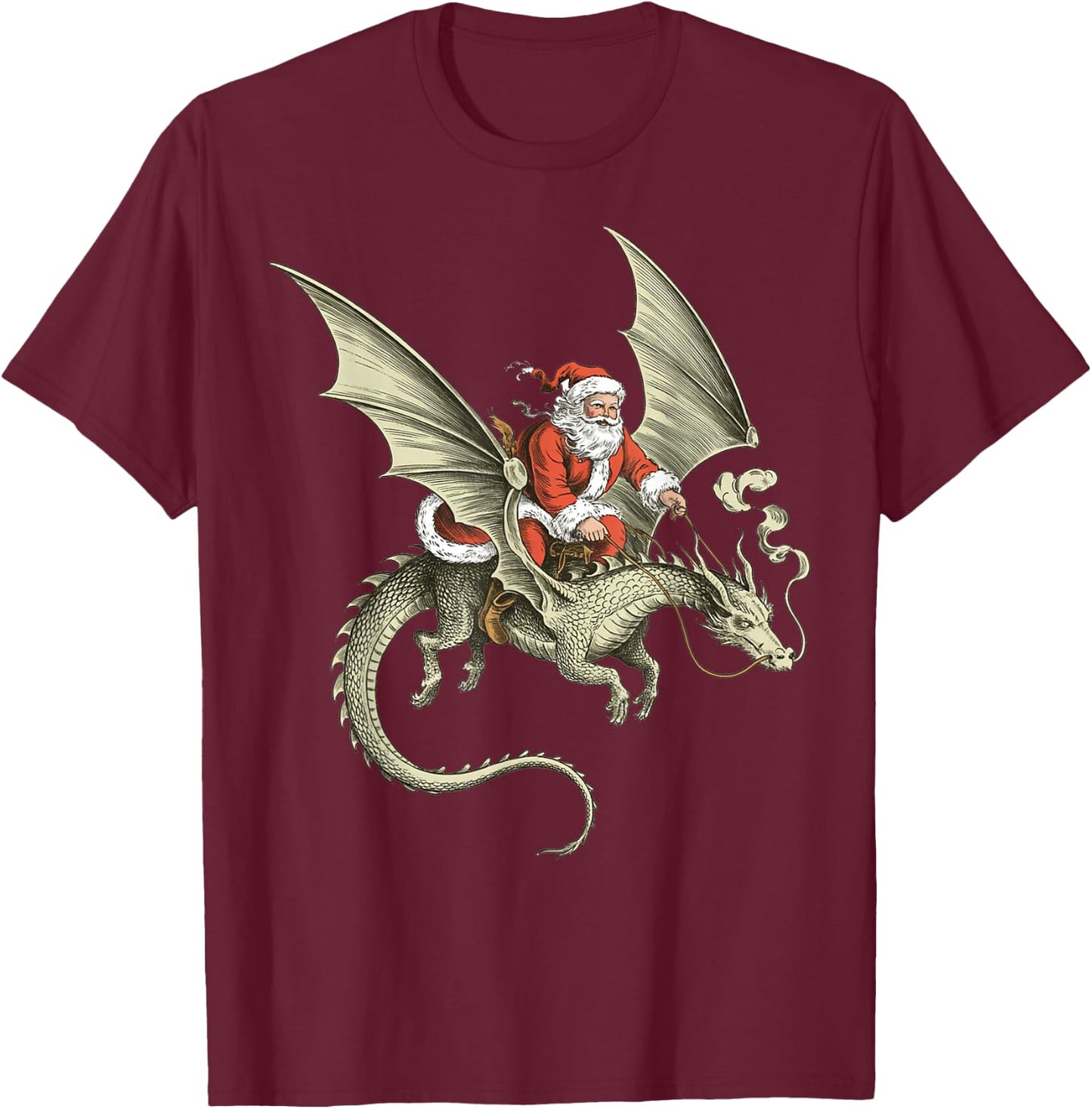 Vintage Viking Pagan Christmas - Classic Santa Riding Dragon T-Shirt - T-Shirt | Maroon