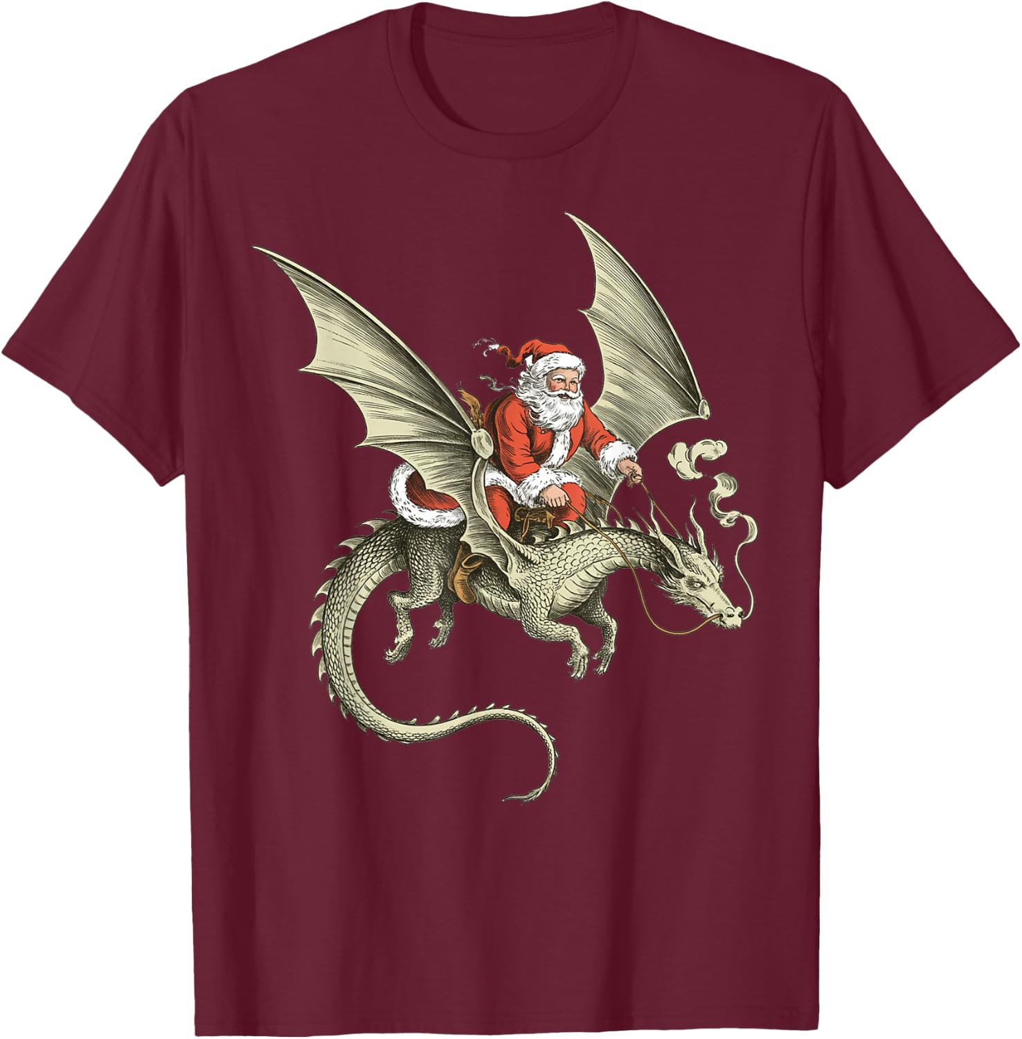 Vintage Viking Pagan Christmas - Classic Santa Riding Dragon T-Shirt - T-Shirt | Maroon