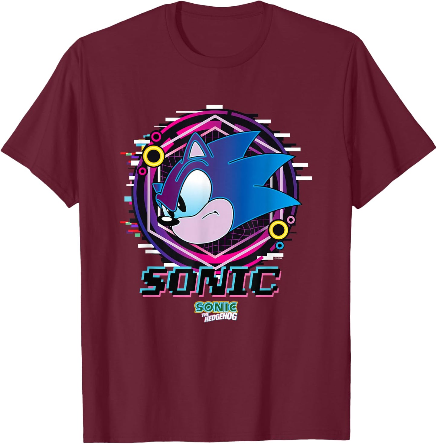 Sonic The Hedgehog Sonic Face Glitch Retro Neon Logo T-Shirt - T-Shirt | Maroon