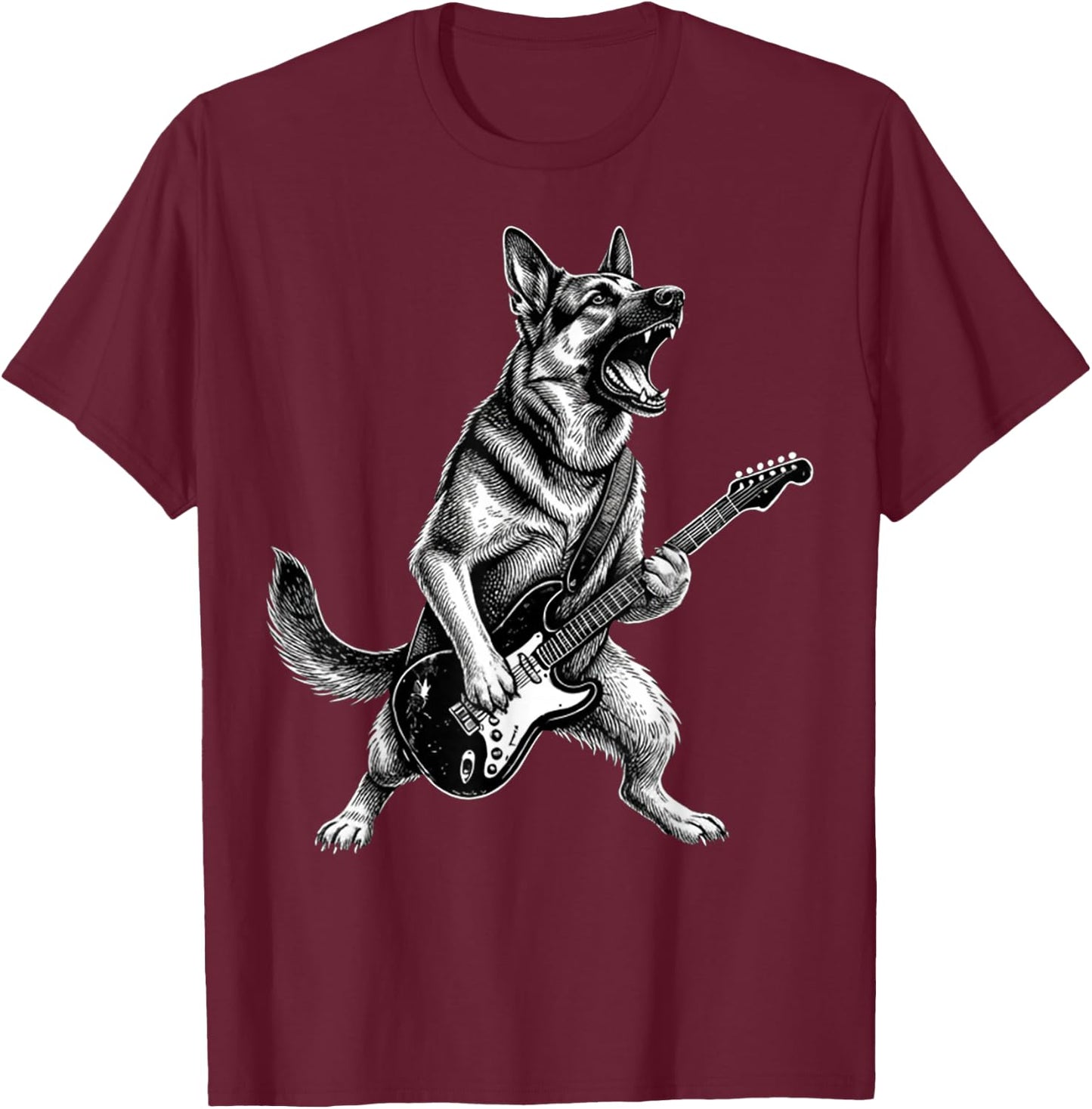 Funny German Shepherd Dog Playing Guitar T-Shirt - T-Shirt | Maroon