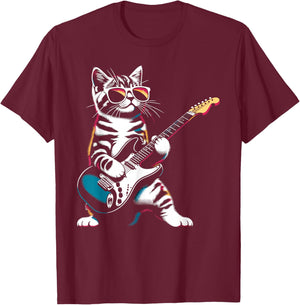 Guitar Cat Novelty Rock Music Band Concert Funny Cat T-Shirt - T-Shirt | Maroon