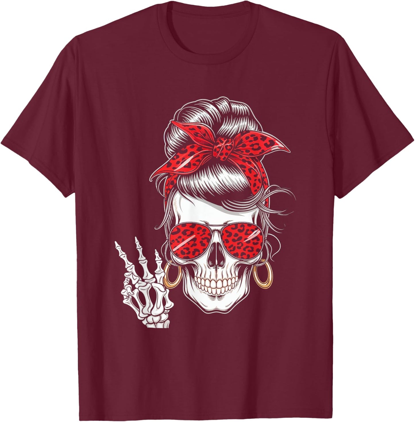 Messy Bun Skeleton Skull Leopard Bandana Fashion T-Shirt - T-Shirt | Maroon