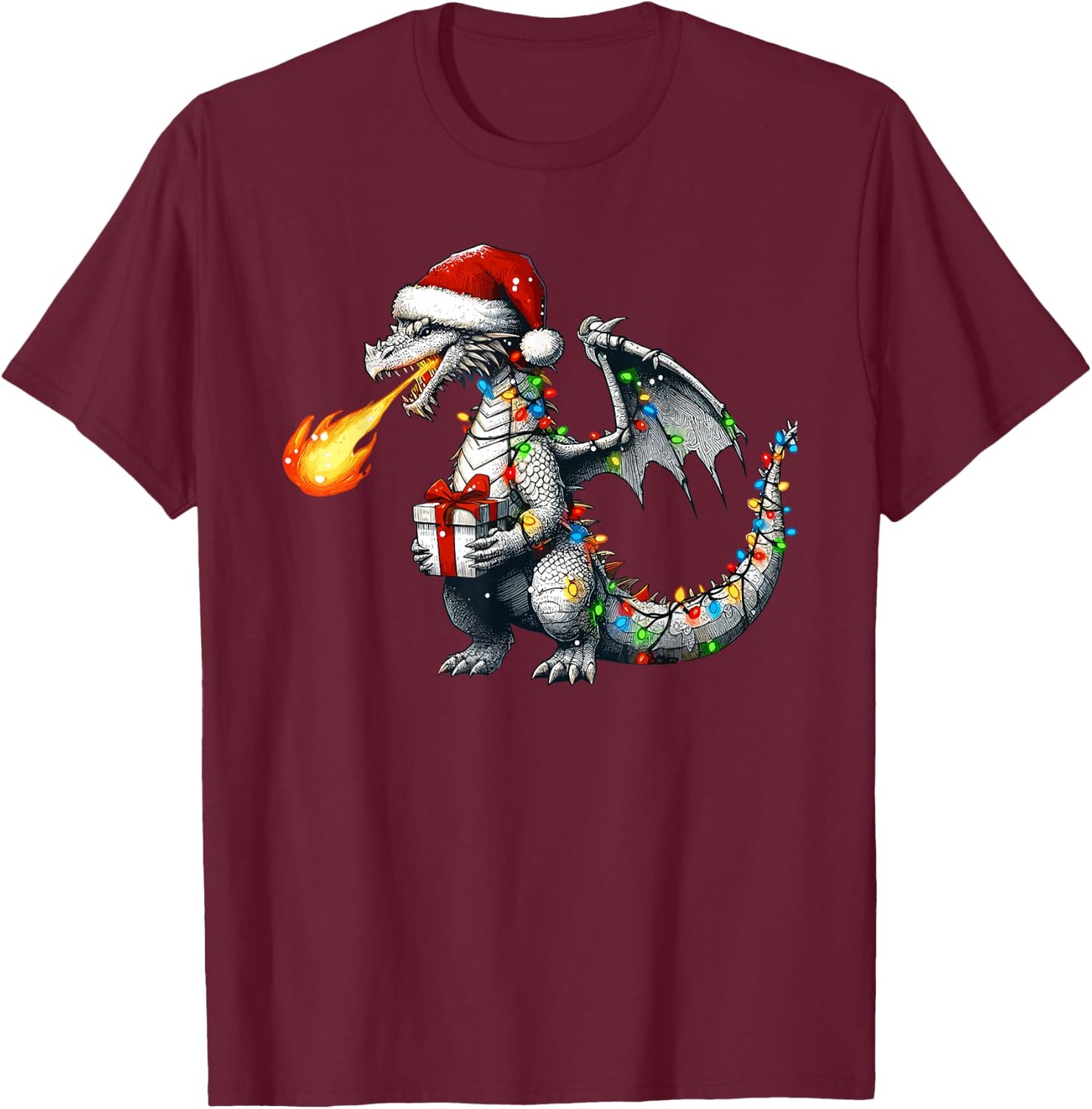 Dragon Wearing Santa Hat Holding A Present Box Xmas T-Shirt - T-Shirt | Maroon