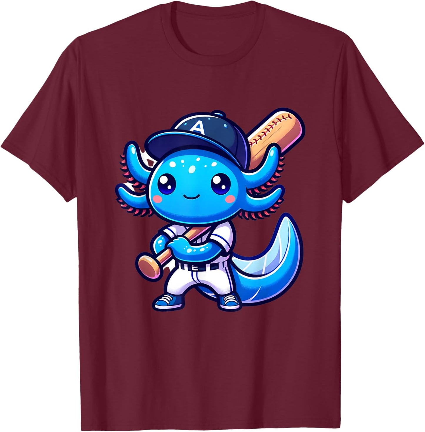 Funny axolotl baseball player catcher boys girls T-Shirt - T-Shirt | Maroon