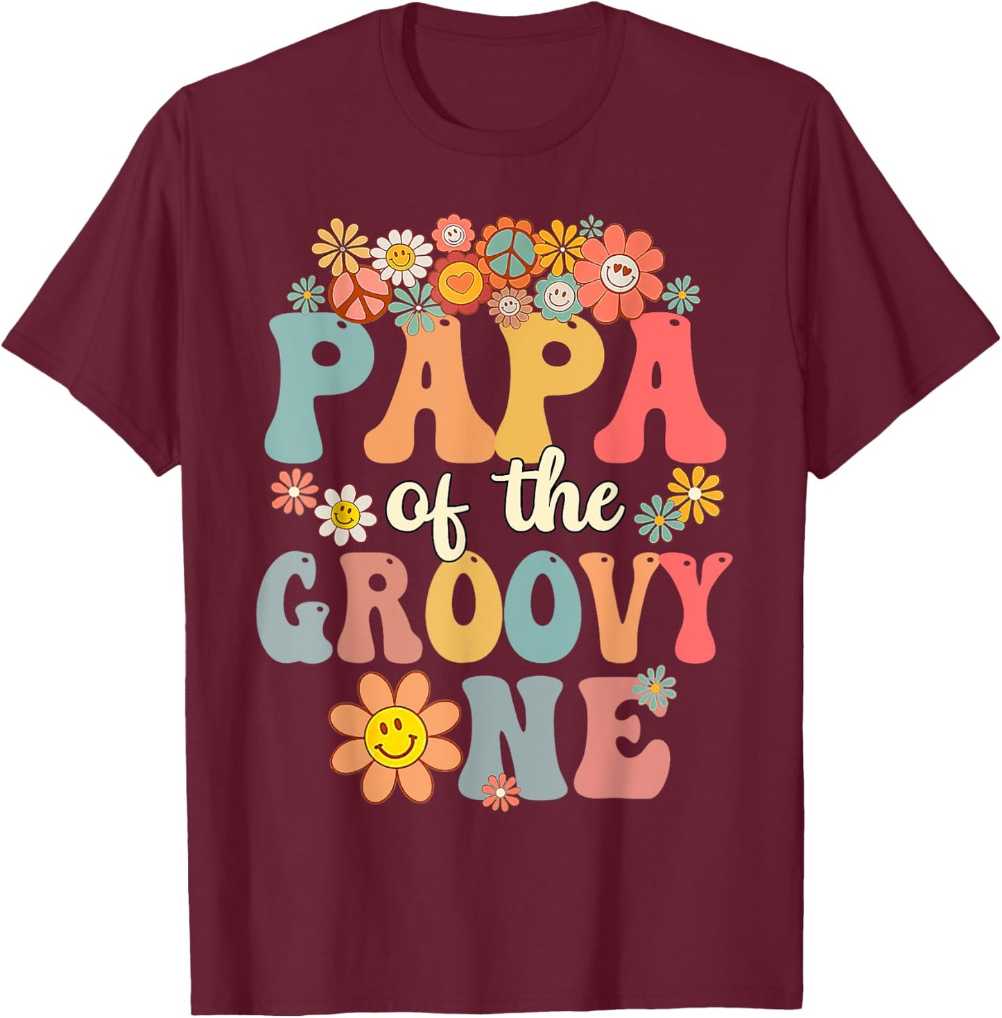 Retro Papa of Groovy One Matching Family 1st Birthday Party T-Shirt - T-Shirt | Maroon
