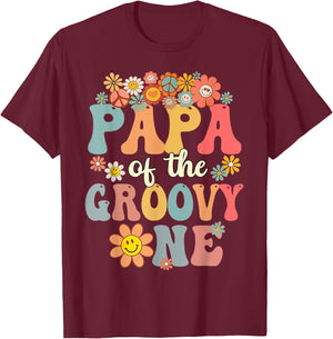 Retro Papa of Groovy One Matching Family 1st Birthday Party T-Shirt - T-Shirt | Maroon
