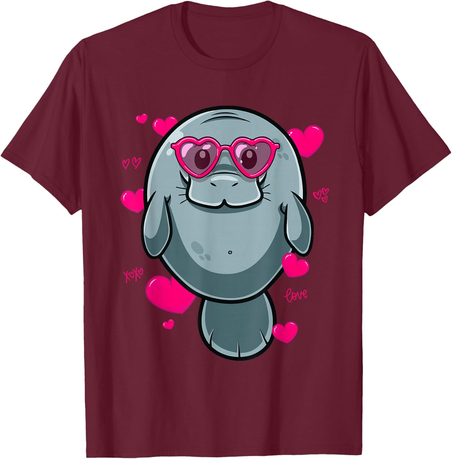 Cute Manatee Gift Girls Heart Glasses Manatee Valentine T-Shirt - T-Shirt | Maroon