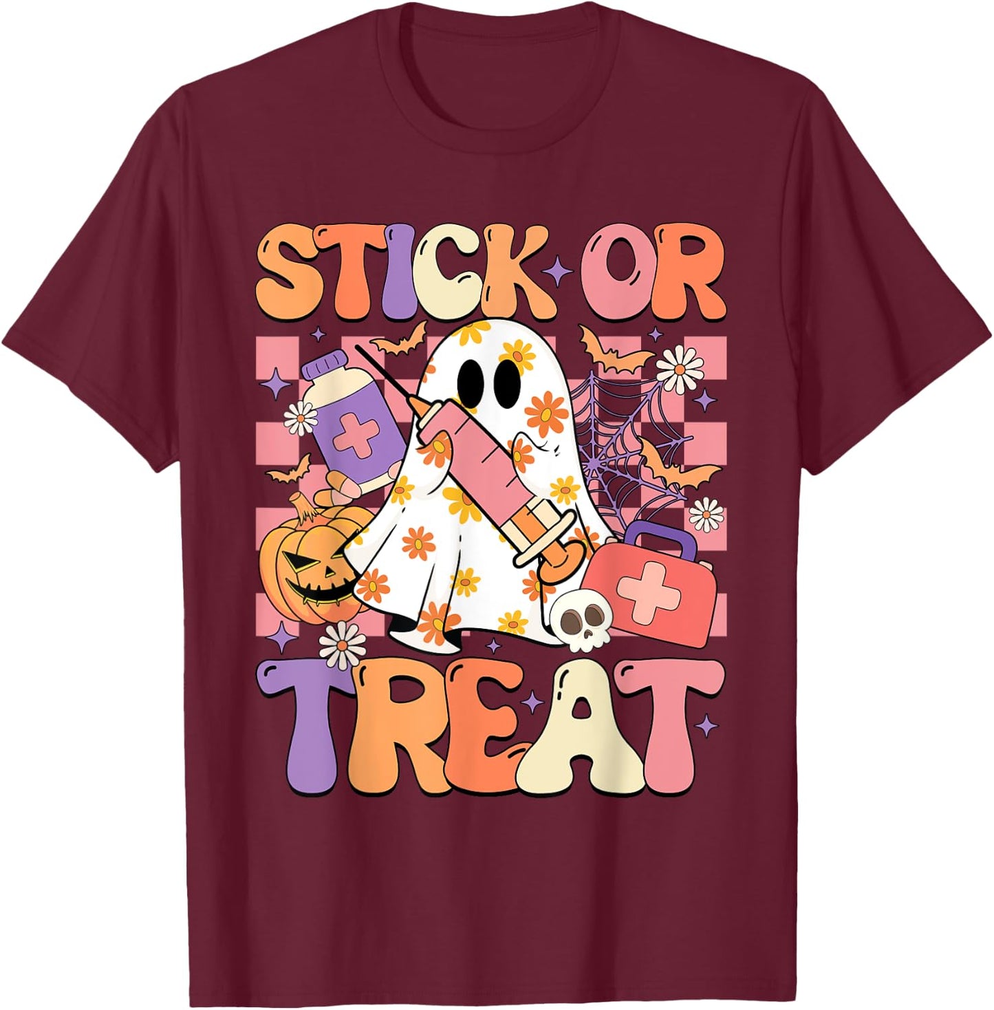 Stick Or Treat Phlebotomy Tech Syringe Trick Or Treat Day T-Shirt - T-Shirt | Maroon