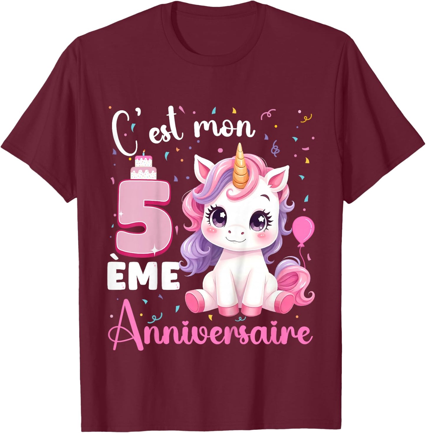 Enfant C'est Mon 5 ème Anniversaire Unicorn Birthday 5 Years , Black, 2 T-Shirt - T-Shirt | Maroon