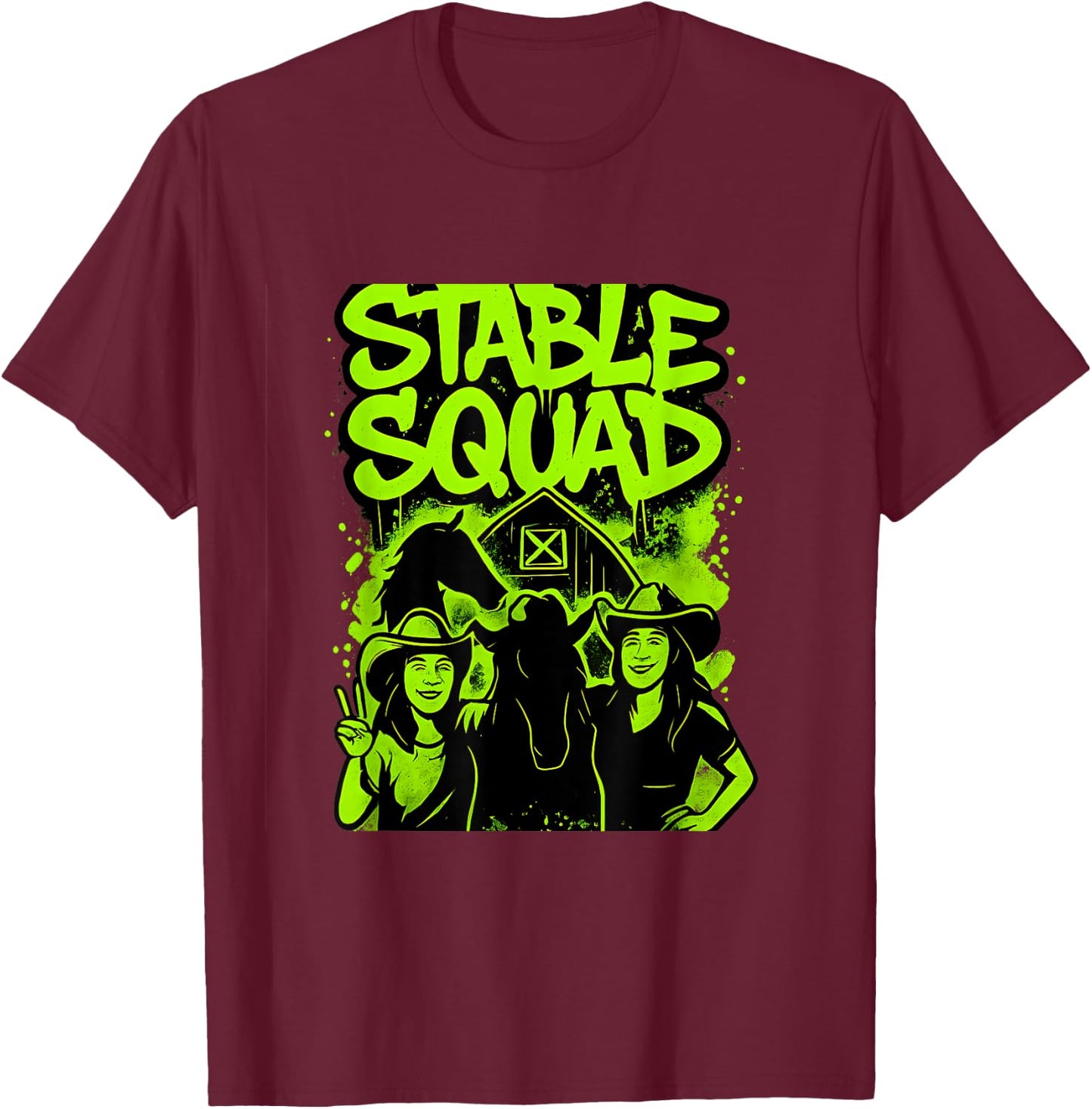 Stable Squad - Neon Green Horse Pattern T-Shirt - T-Shirt | Maroon