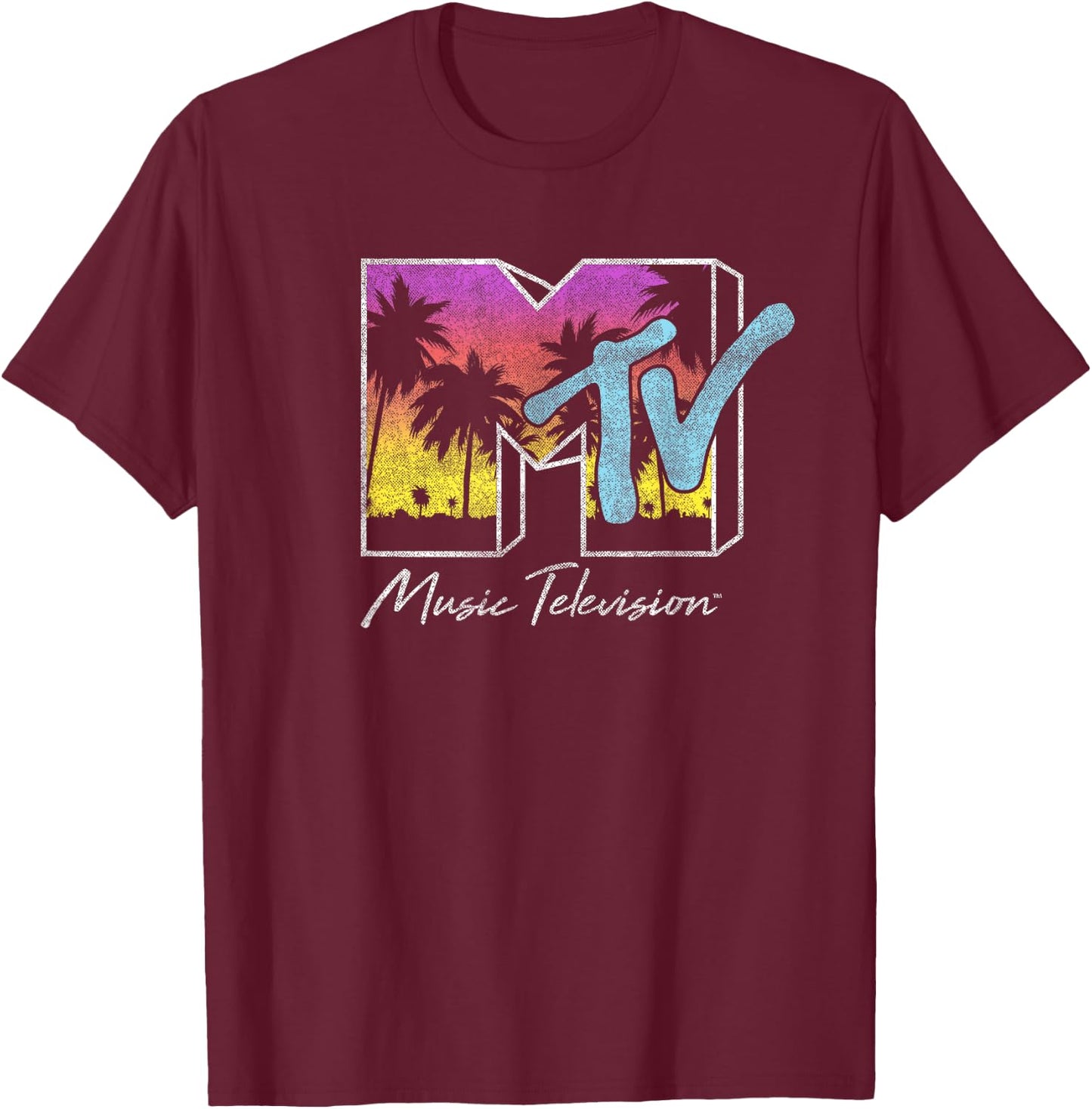 MTV Tropical Palm Tree Sunset Logo , black T-Shirt - T-Shirt | Maroon