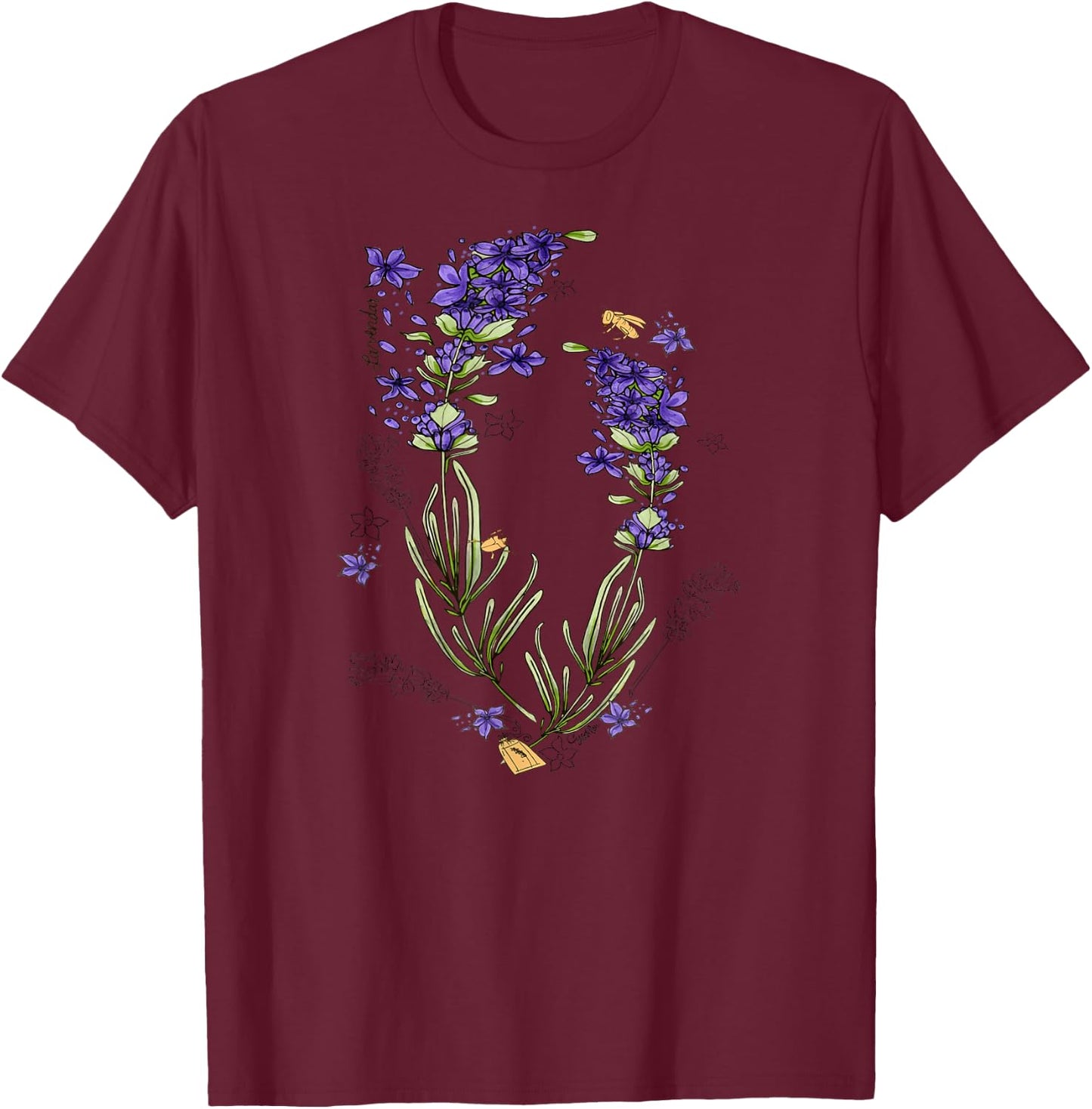 Lavender Purple Flowers Herb Field Botanical Stems T-Shirt - T-Shirt | Maroon