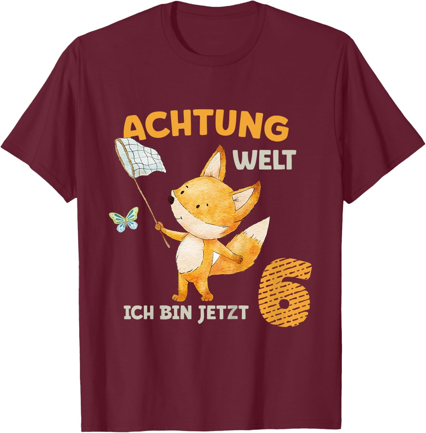 Children's Birthday Shirt 6 Years Boy Girl Fox Ich Bin Six , blue T-Shirt - T-Shirt | Maroon