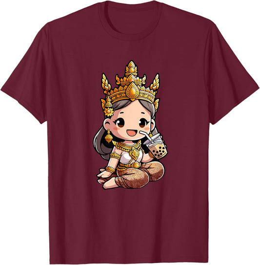 Cute Khmer Apsara Boba Lover Design T-Shirt - T-Shirt | Maroon