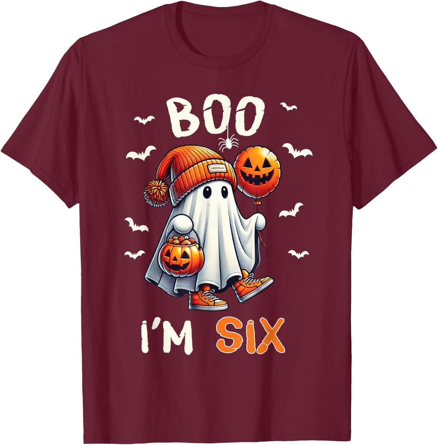 Boo I'm Six Ghost 6th Birthday Halloween Boy Kids Groovy T-Shirt - T-Shirt | Maroon
