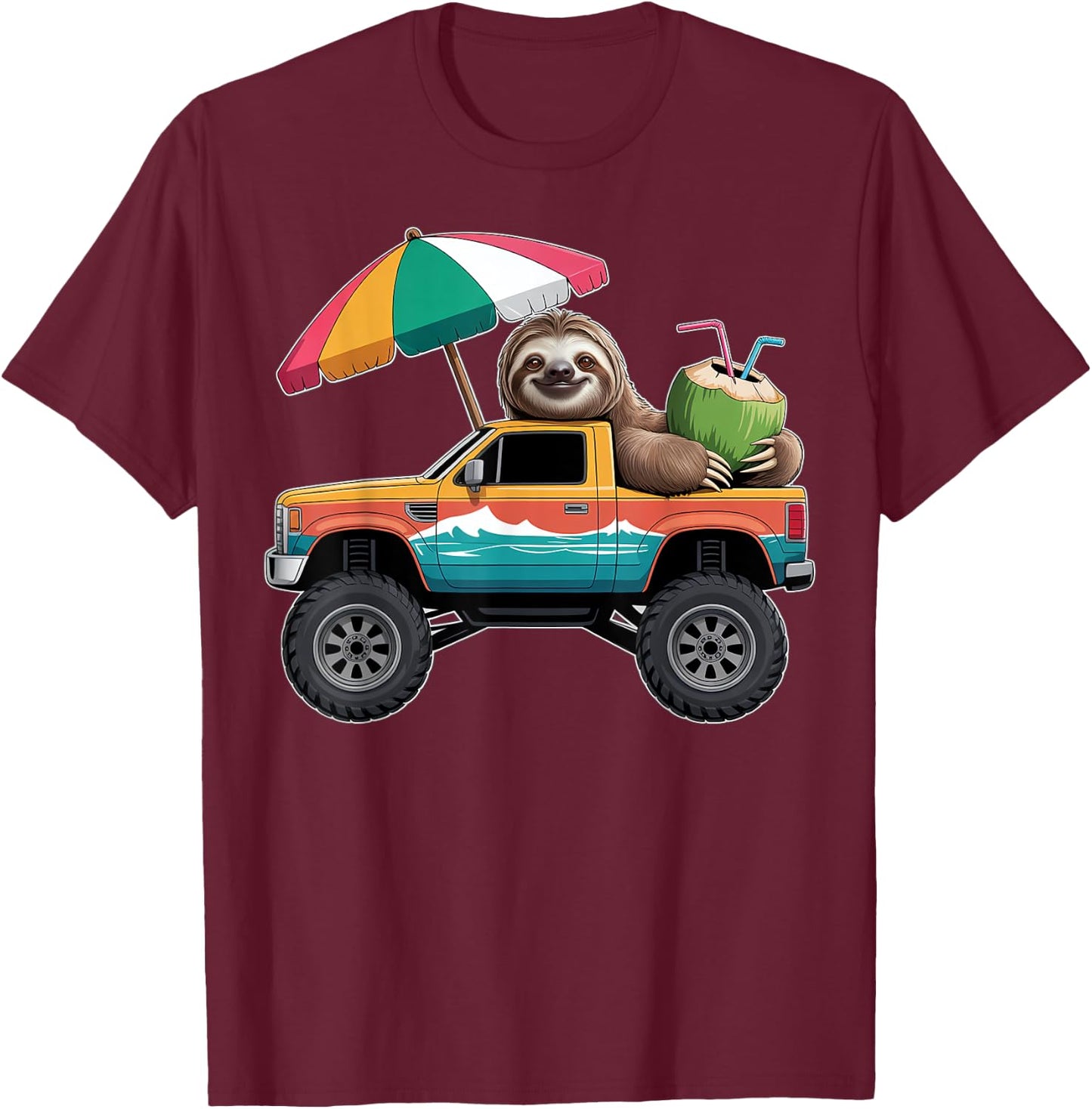 Cute Sloth Monster Truck with Coconut T-Shirt - T-Shirt | Maroon