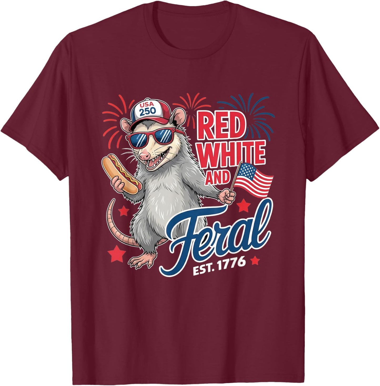 Red White and Feral USA Possum 4th of July Merica Men Kids T-Shirt - T-Shirt | Maroon