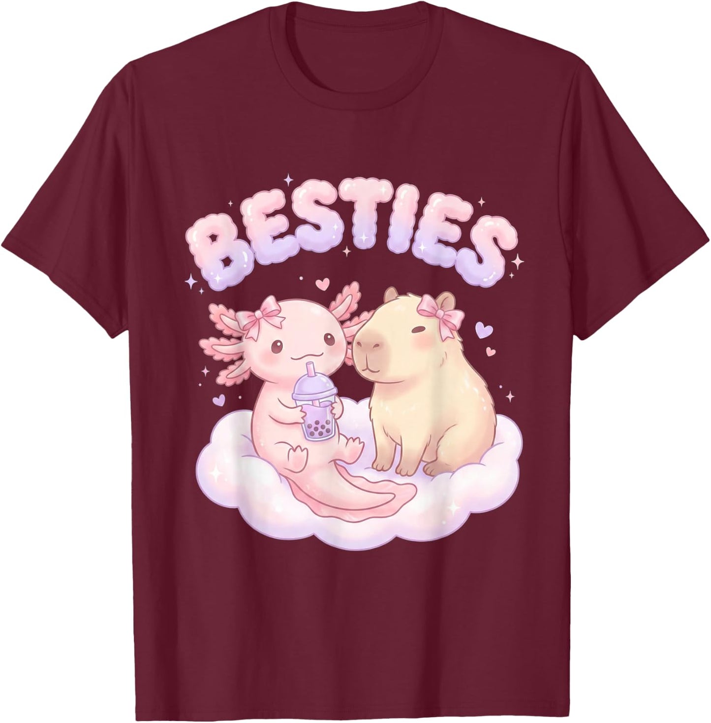 Besties Axolotl Capybara Bubble Tea Cute Kawaii Anime Tier T-Shirt - T-Shirt | Maroon