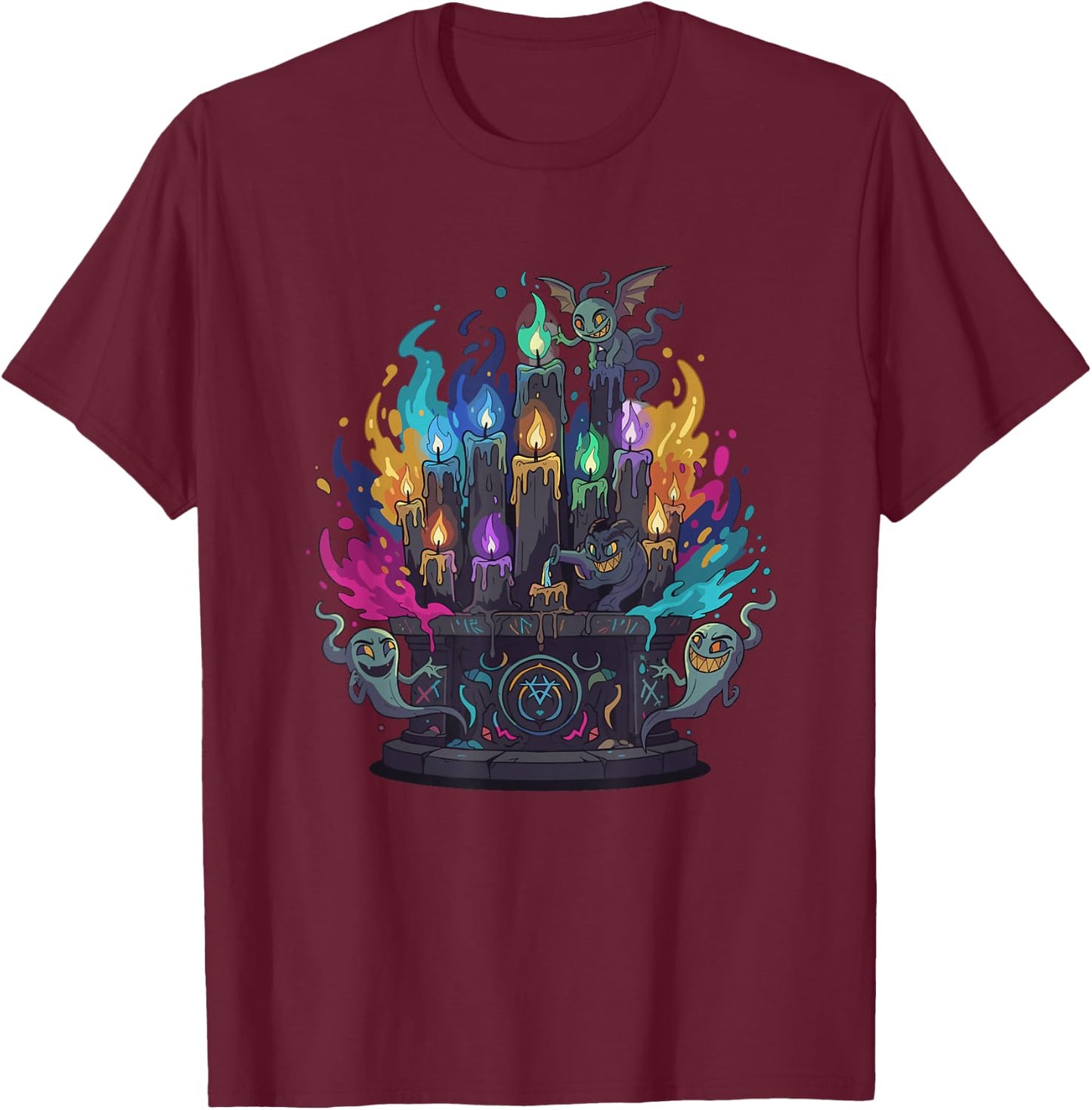 Colorful Haunted Altar Candles with Ghosts T-Shirt - T-Shirt | Maroon