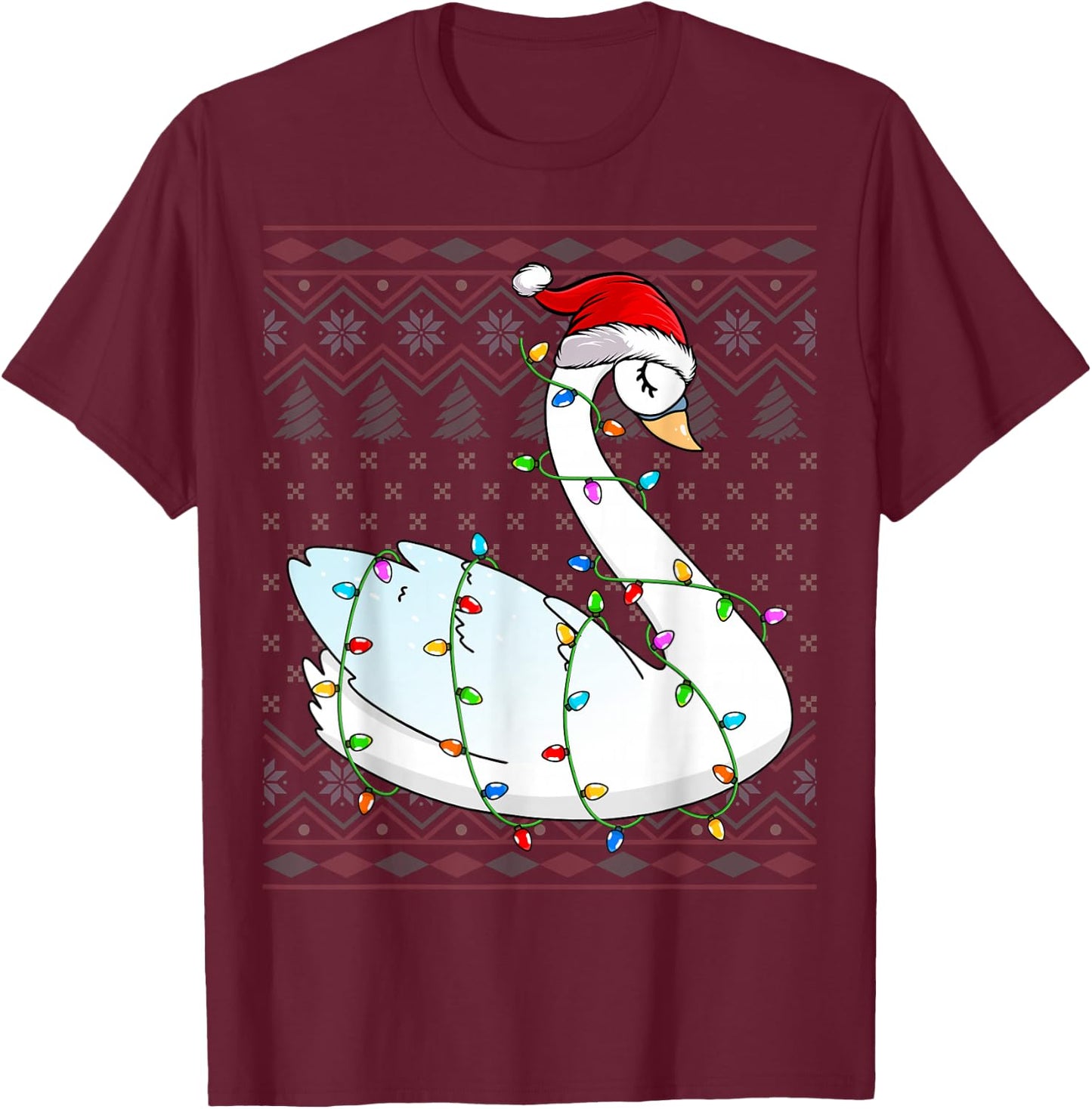 Swans Xmas Lighting Santa Hat Swans Lover Ugly Christmas T-Shirt - T-Shirt | Maroon