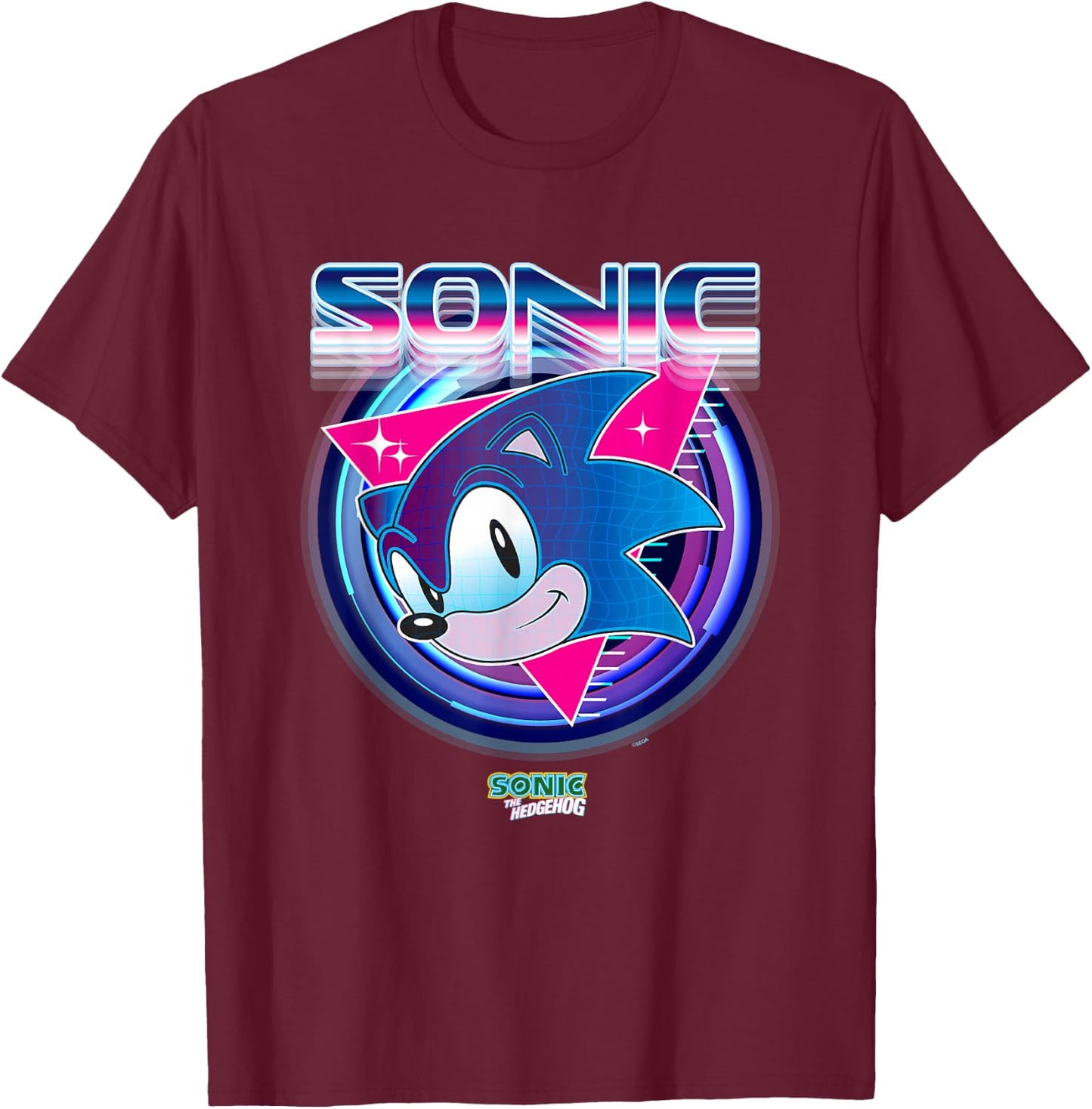 Sonic The Hedgehog Sonic Face Retro Neon Logo T-Shirt - T-Shirt | Maroon