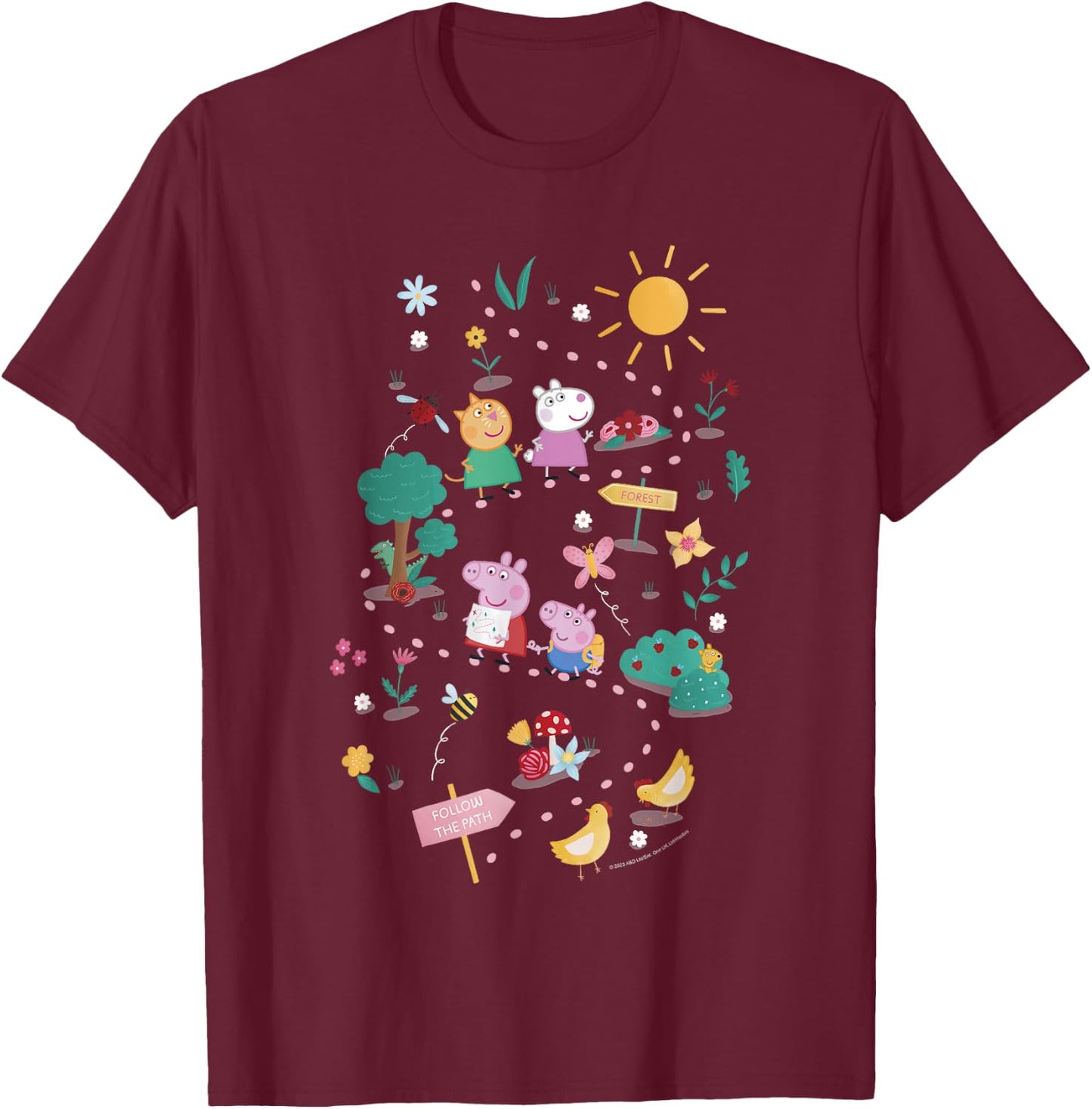 Peppa Pig Follow The Path To The Forest Group Shot T-Shirt - T-Shirt | Maroon