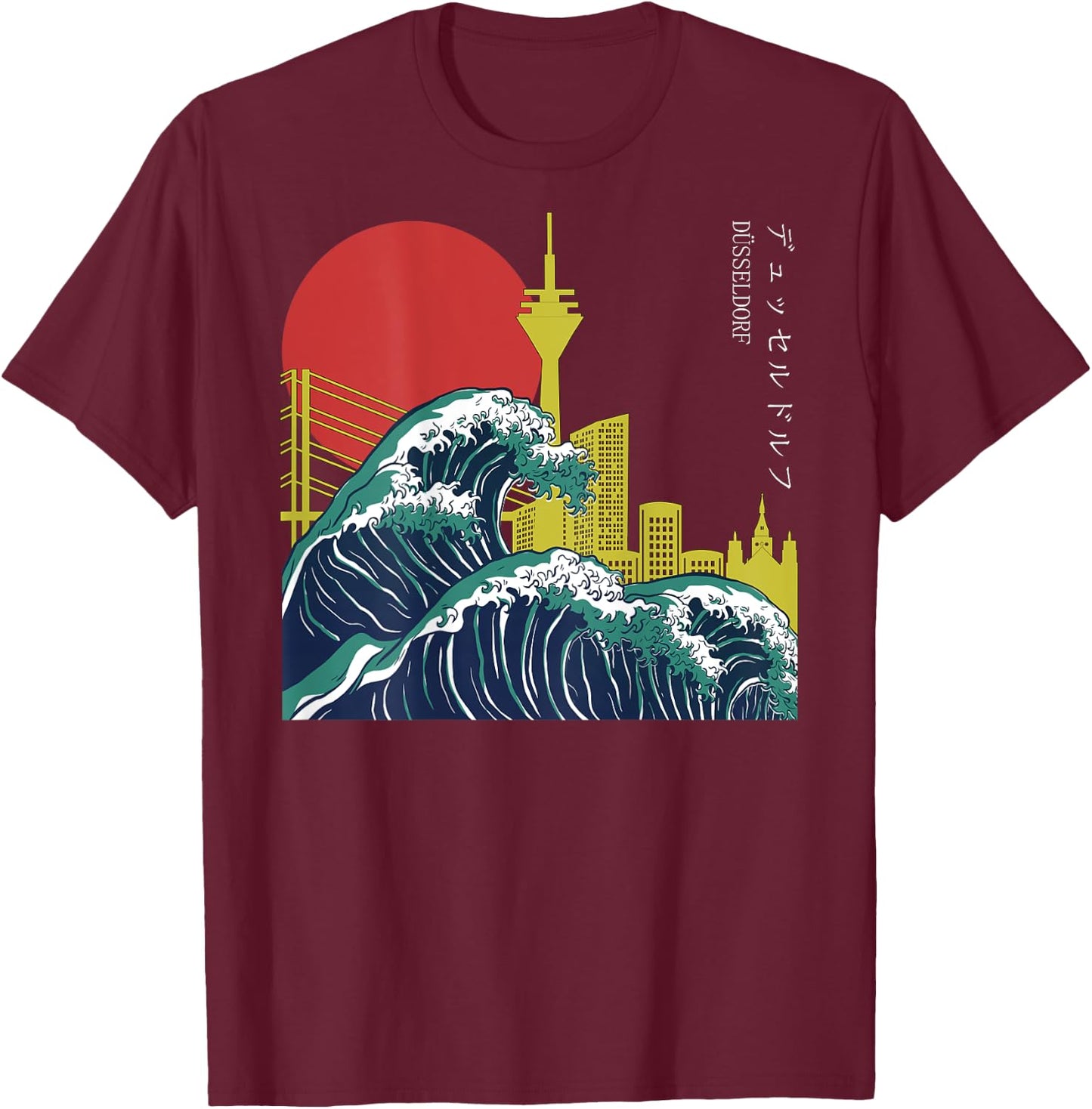 Retro Japan Welle grunge Anime Vaporwave Skyline Düsseldorf T-Shirt - T-Shirt | Maroon