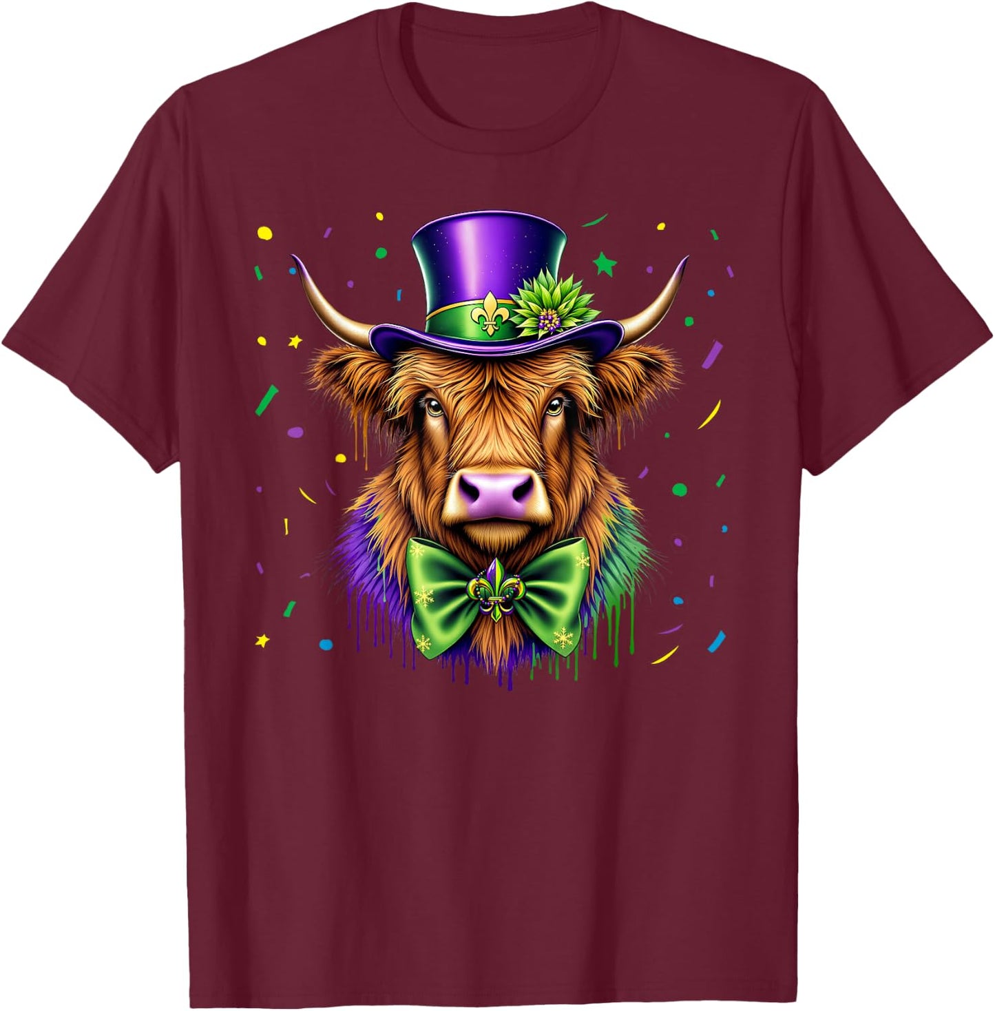 Mardi Gras Highland Cow Top Hat Mardi Gras Beads Bow Tie T-Shirt - T-Shirt | Maroon