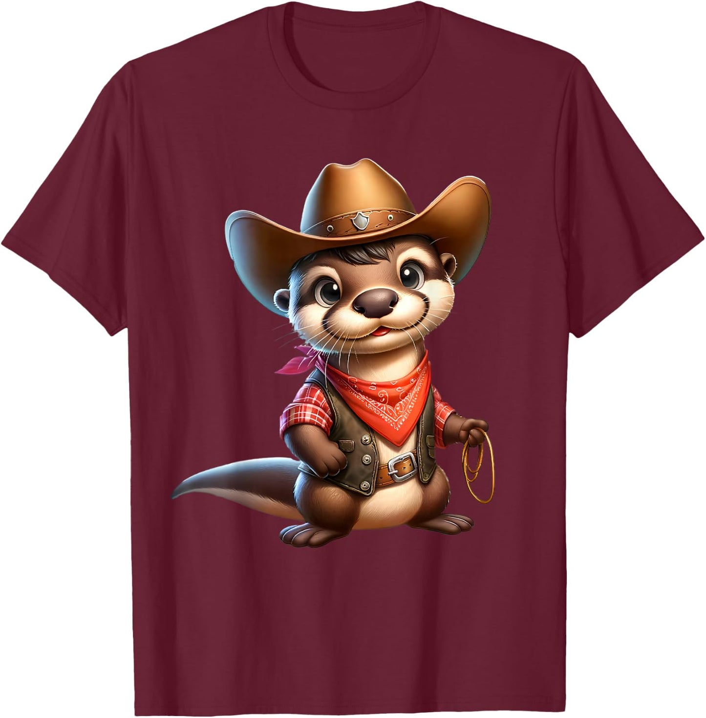 Cowboy Otter Western Rodeo Lasso Bandana Animal T-Shirt - T-Shirt | Maroon