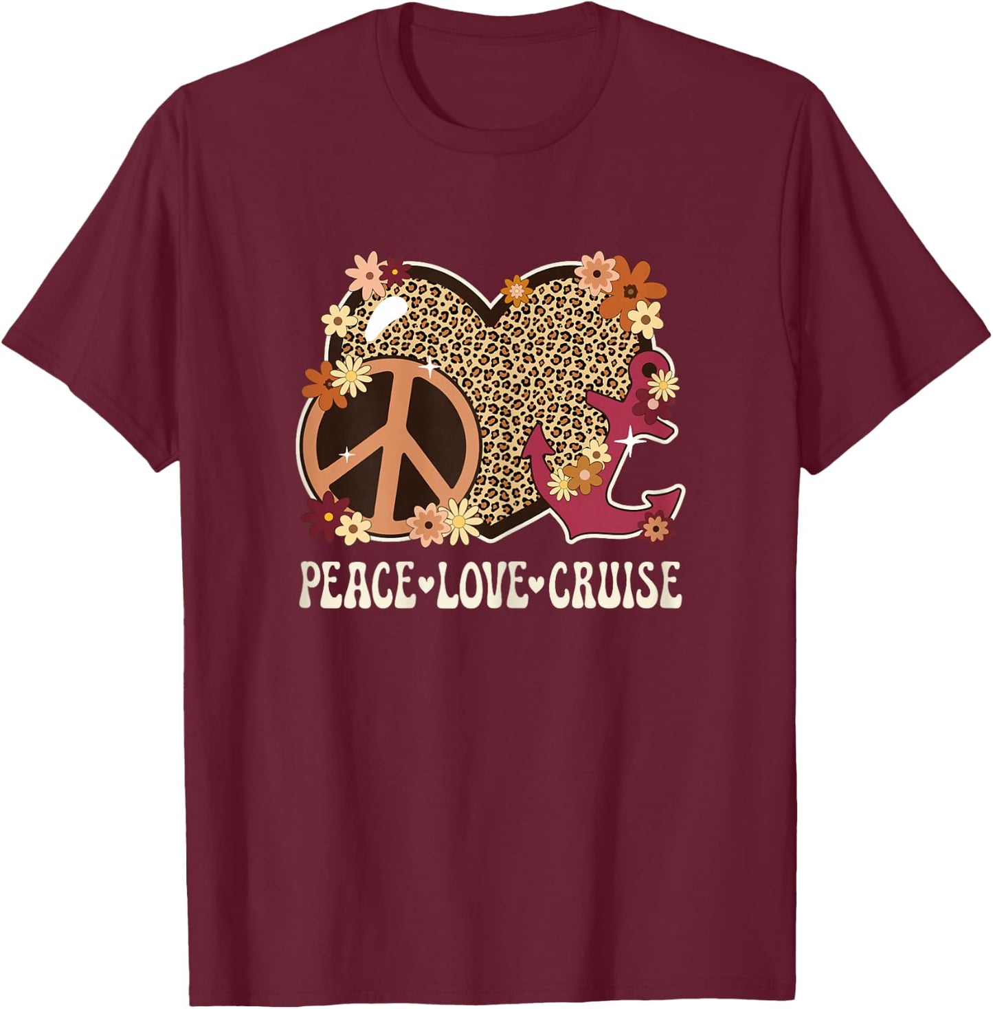 Peace Love Cruise Ship Lover Leopard Print Women Cute Cruise T-Shirt - T-Shirt | Maroon