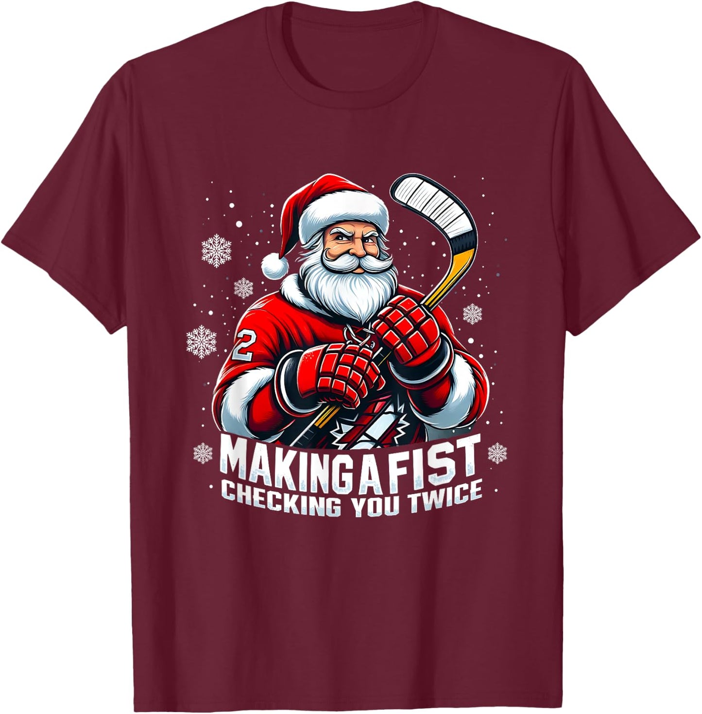 Xmas Santa Hockey Players Making A Fist Checking Your Twice T-Shirt - T-Shirt | Maroon