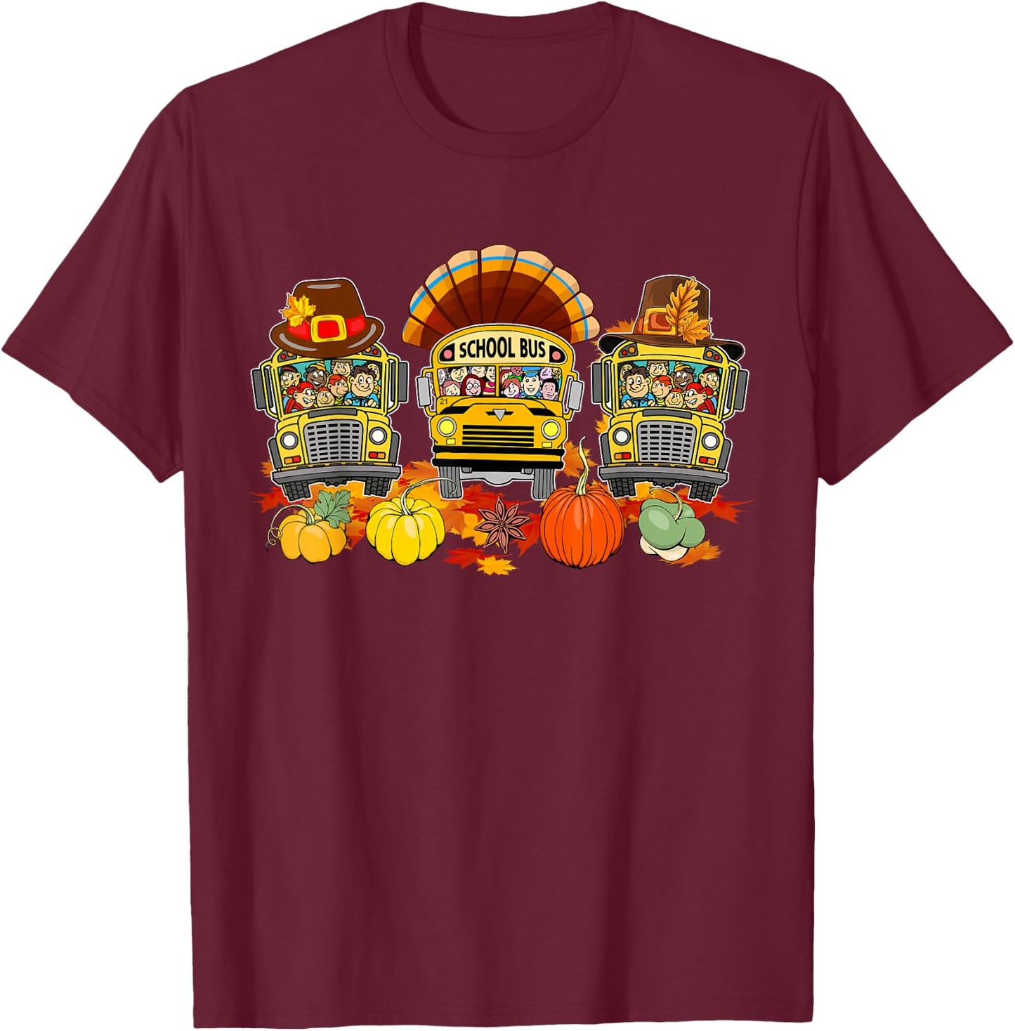 Thanksgiving Three Cute School Buses As Turkey Autumn Driver T-Shirt - T-Shirt | Maroon