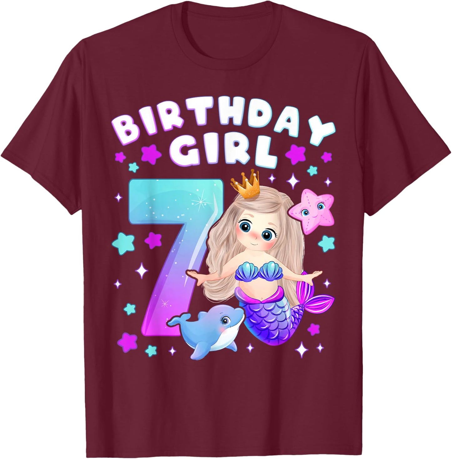 7th Birthday Girl 7 Years Mermaid Number 7 T-Shirt - T-Shirt | Maroon