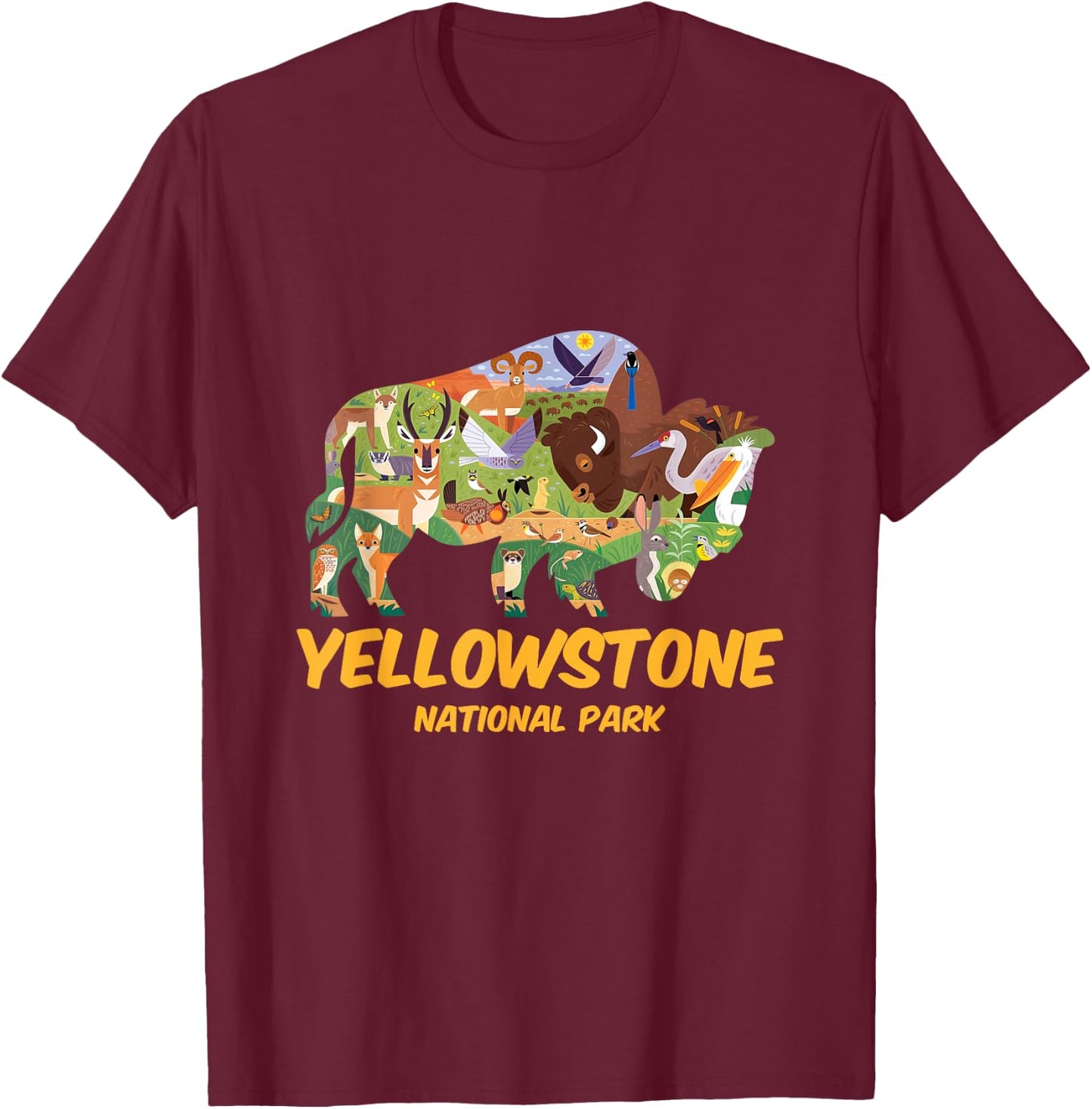 Yellowstone Animals Inside Bison Buffalo Silhouette Cartoon T-Shirt - T-Shirt | Maroon