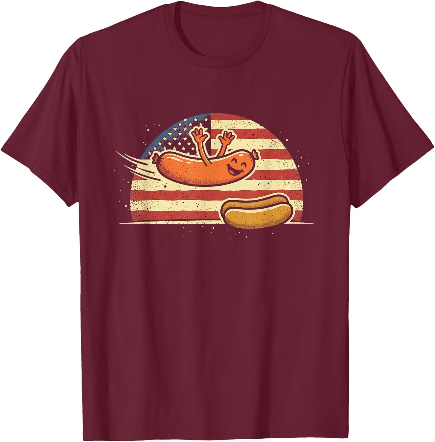 Hot Dog Jumping Into Bun Funny Sausage BBQ High Dive T-Shirt - T-Shirt | Maroon