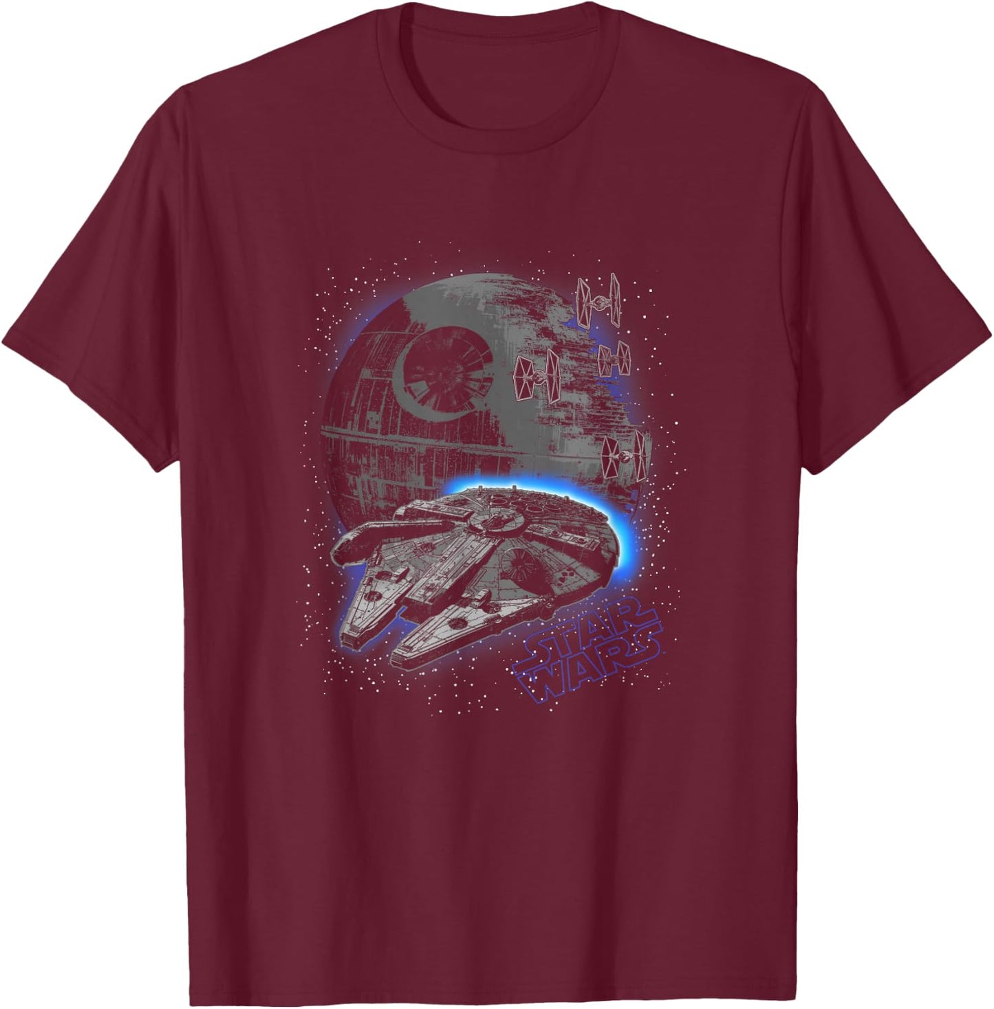 Star Wars Classic Millennium Falcon Flying Over Death Star T-Shirt - T-Shirt | Maroon