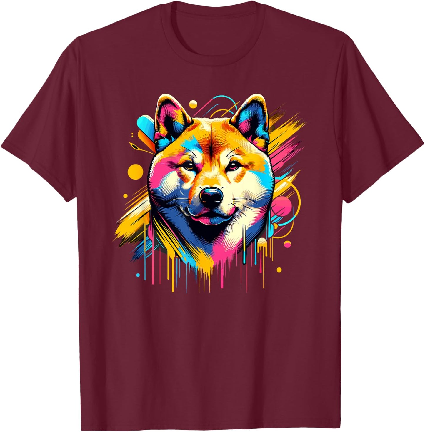 Splash Art Japanese Shiba Inu , Black, S T-Shirt - T-Shirt | Maroon