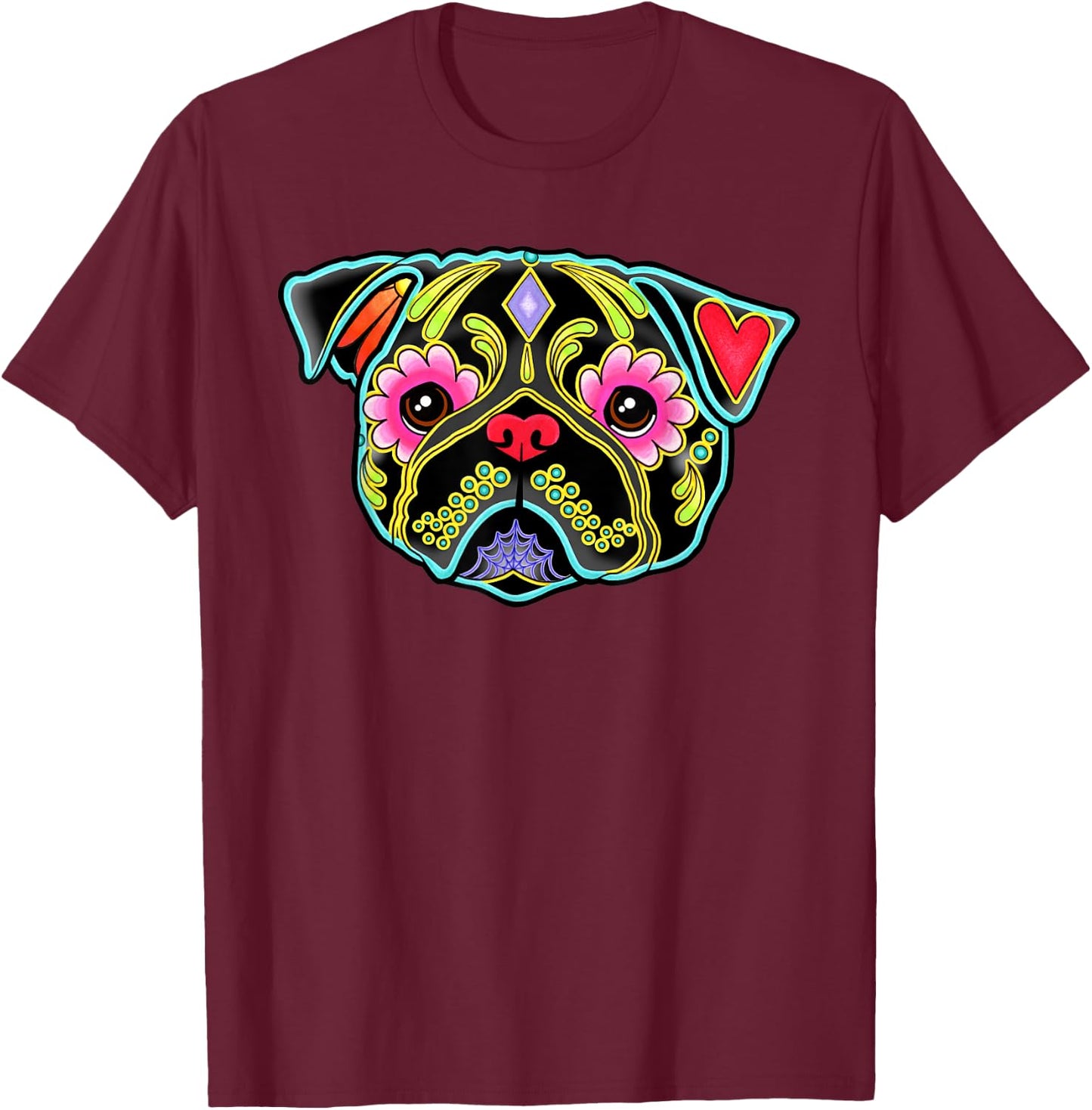 Black Pug - Day of the Dead Sugar Skull Dog Men Women Kids T-Shirt - T-Shirt | Maroon