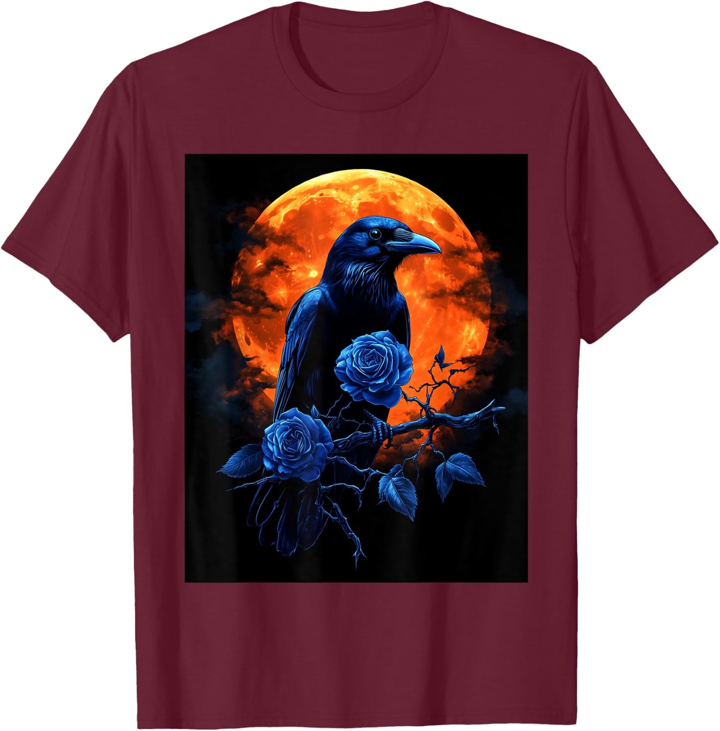 Raven Rose Moon Scary Black Gothic Spooky Women Black Crow T-Shirt - T-Shirt | Maroon