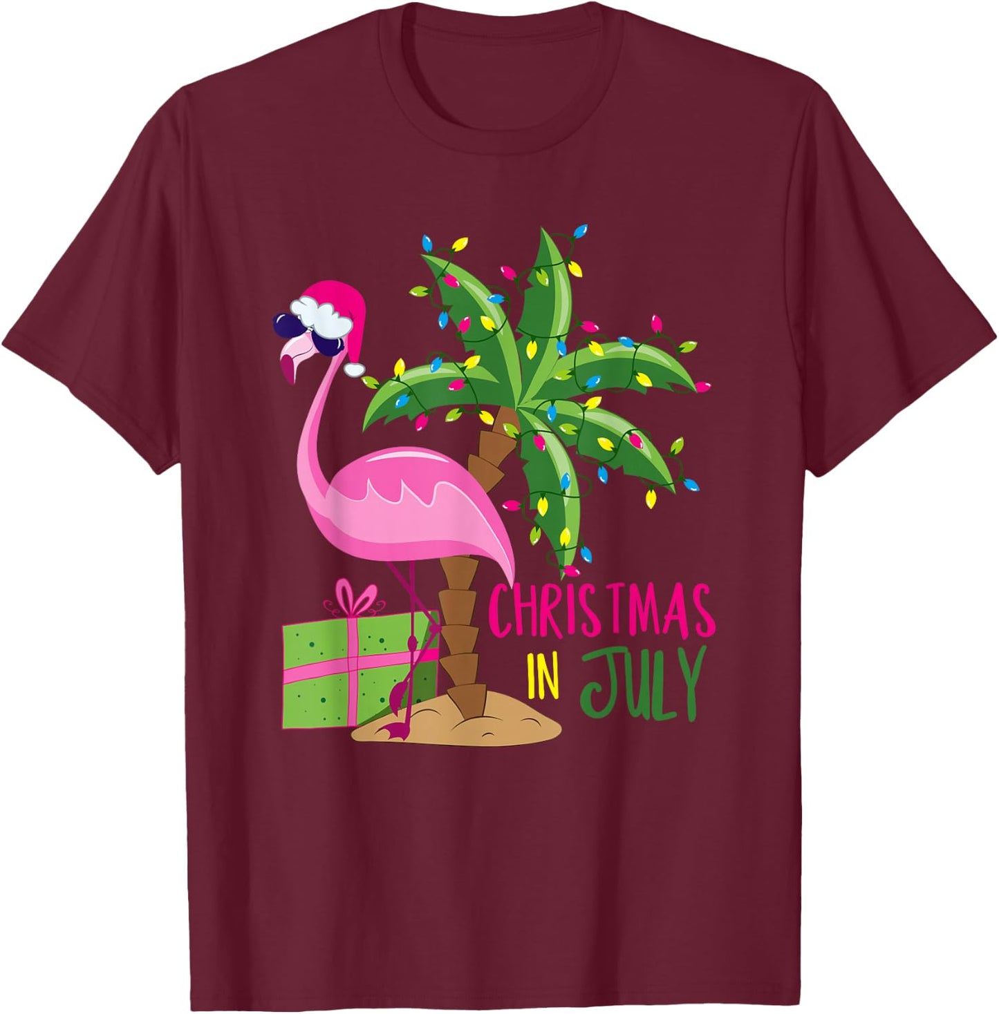 Flamingo Sunglasses Xmas Beach Tropical Christmas in July T-Shirt - T-Shirt | Maroon