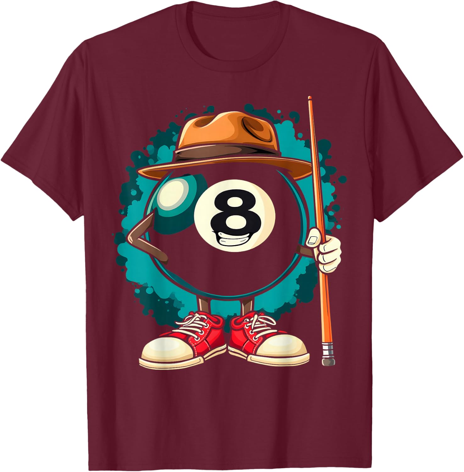 Cool 8 Ball Character Funny Billiards T-Shirt - T-Shirt | Maroon