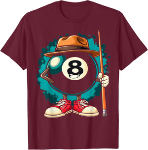 Cool 8 Ball Character Funny Billiards T-Shirt - T-Shirt | Maroon