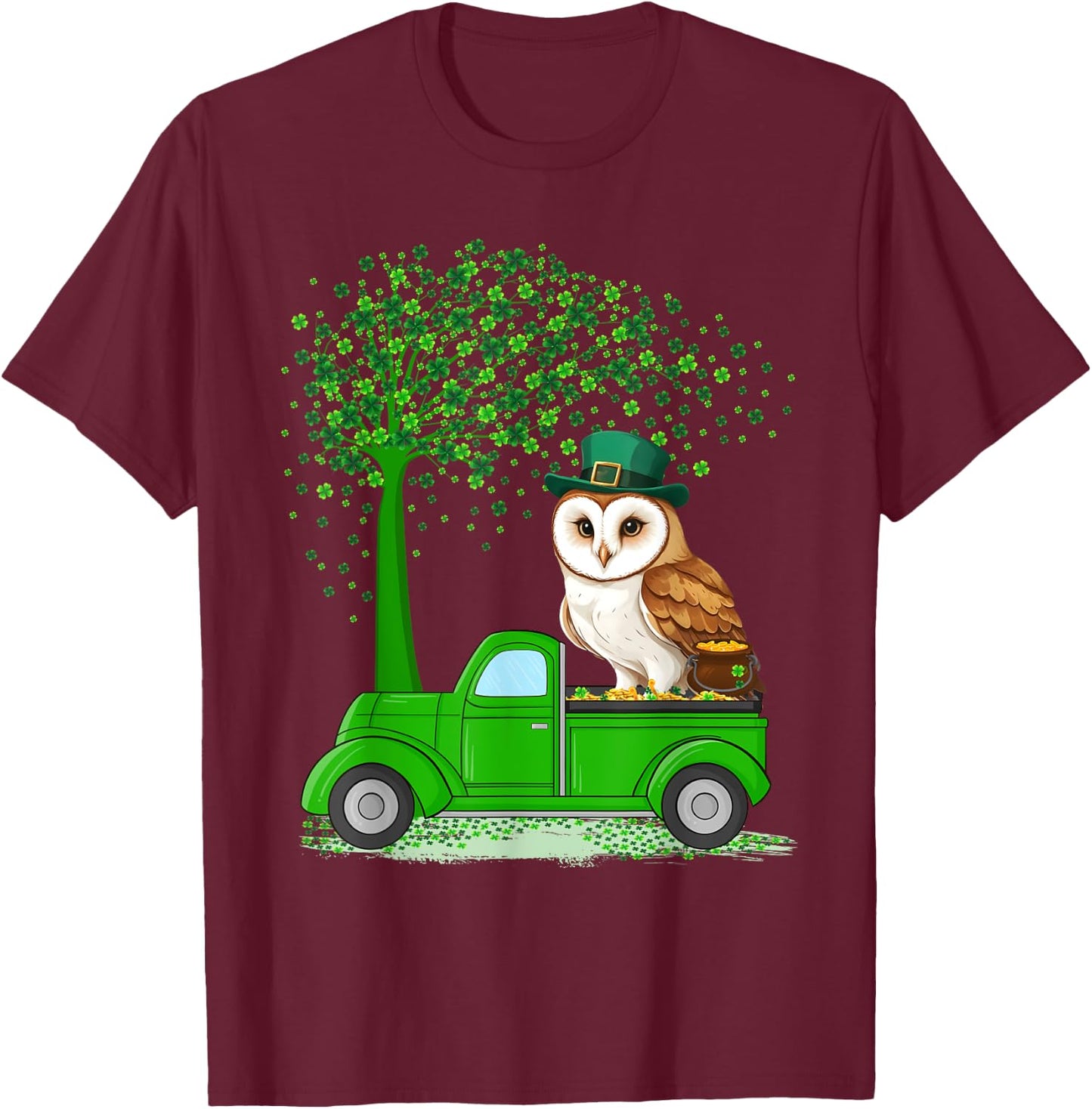 Irish Green Truck On Owl Bird St Patrick's Day Tree T-Shirt - T-Shirt | Maroon